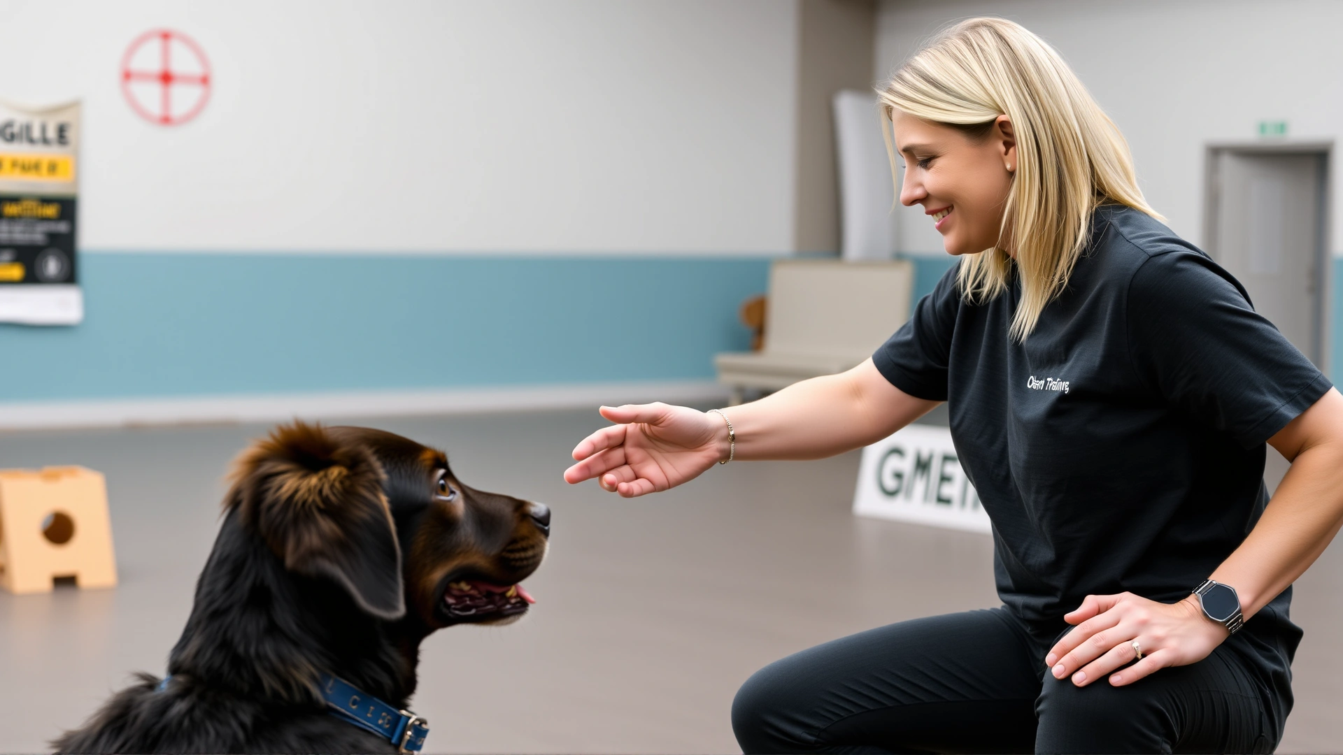 Certified dog trainer guiding a dog and owner during a structured socialization session in a training facility.
