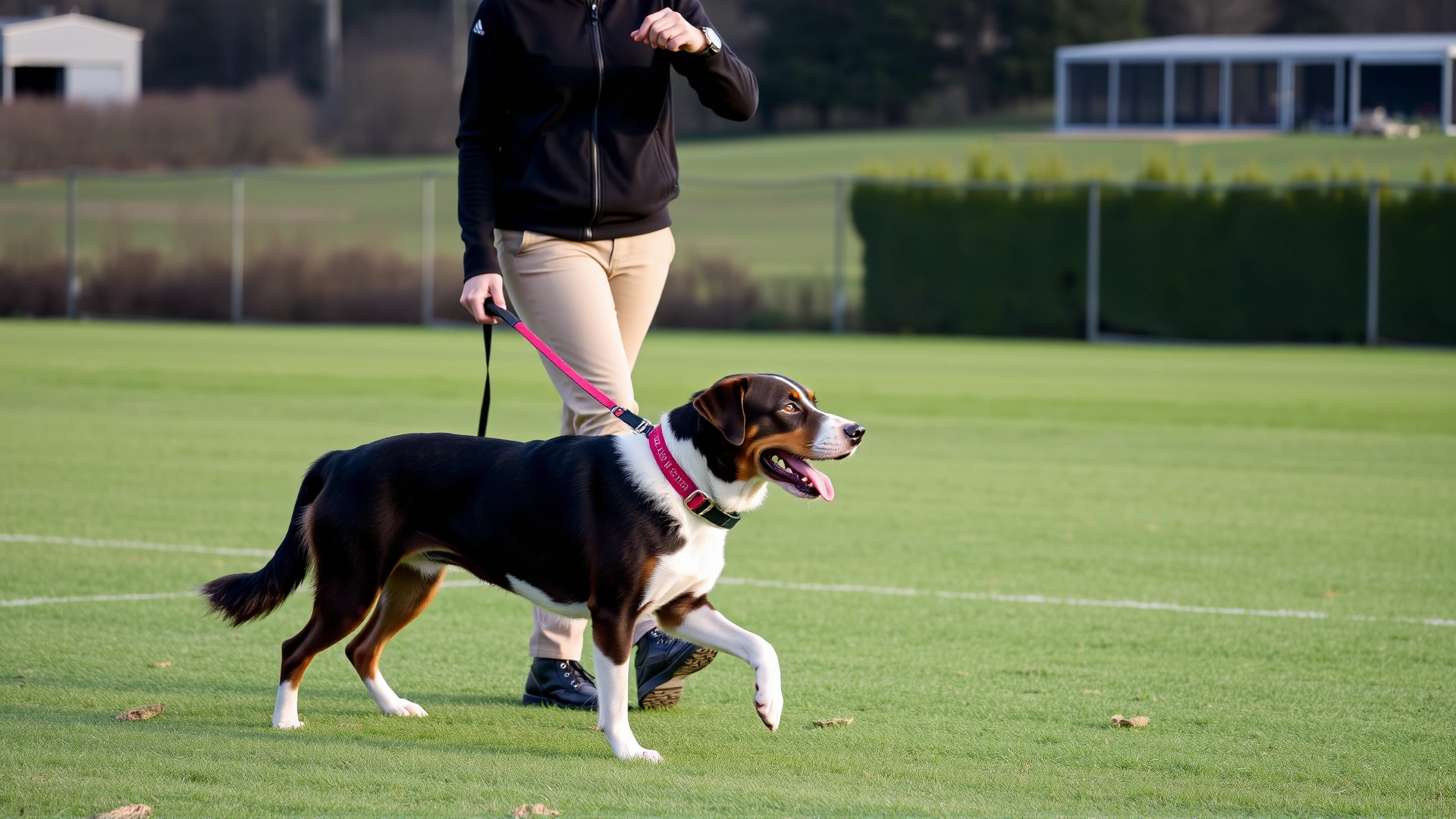 Certified dog trainer demonstrating loose-leash walking with a client and their dog in a training field