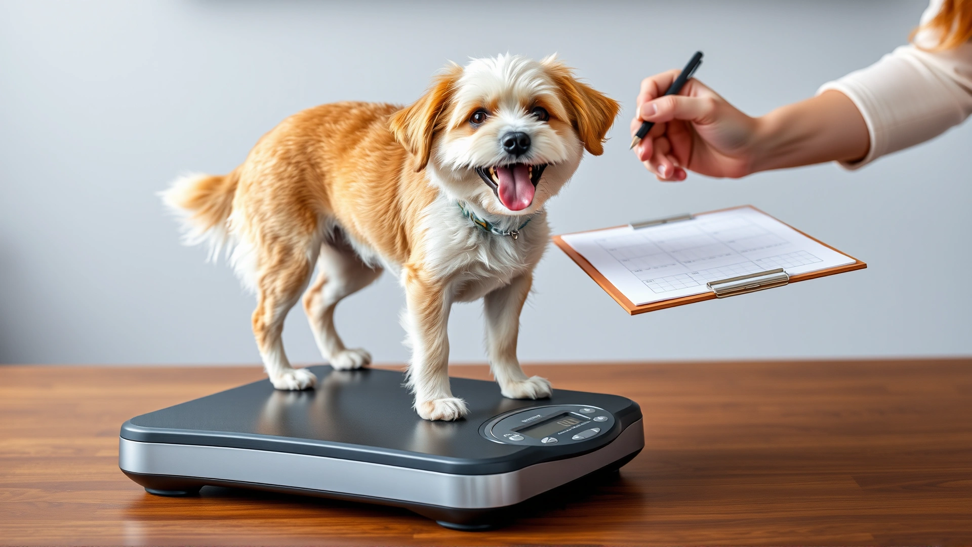 Happy dog standing on a pet scale while owner notes the weight on a clipboard