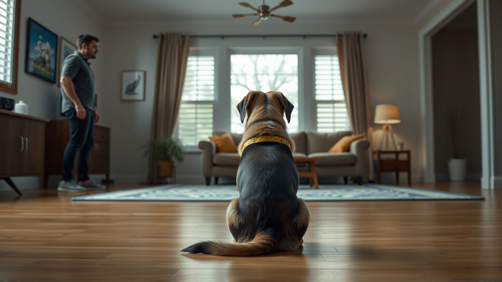Sequence shot showing the same dog sitting while the owner gradually steps farther away in a quiet living room.