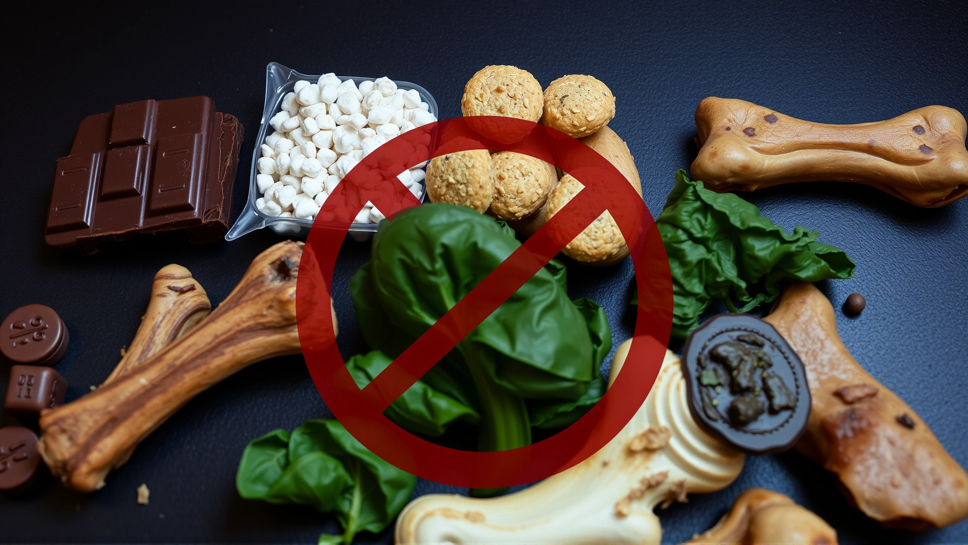A composition of harmful dog foods (chocolate, salty snacks, cooked bones, spinach) with a red prohibition sign overlay, placed on a dark surface.