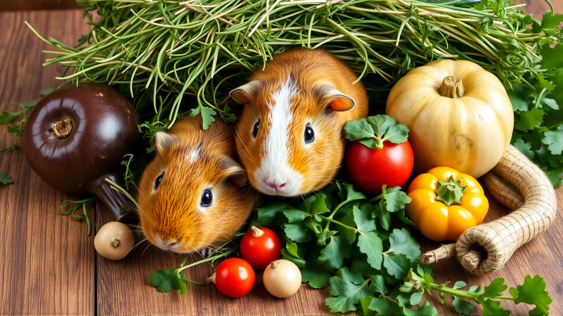 Arrangement of fresh Timothy hay, leafy greens, and vitamin C–rich vegetables suitable for guinea pigs on a wooden table