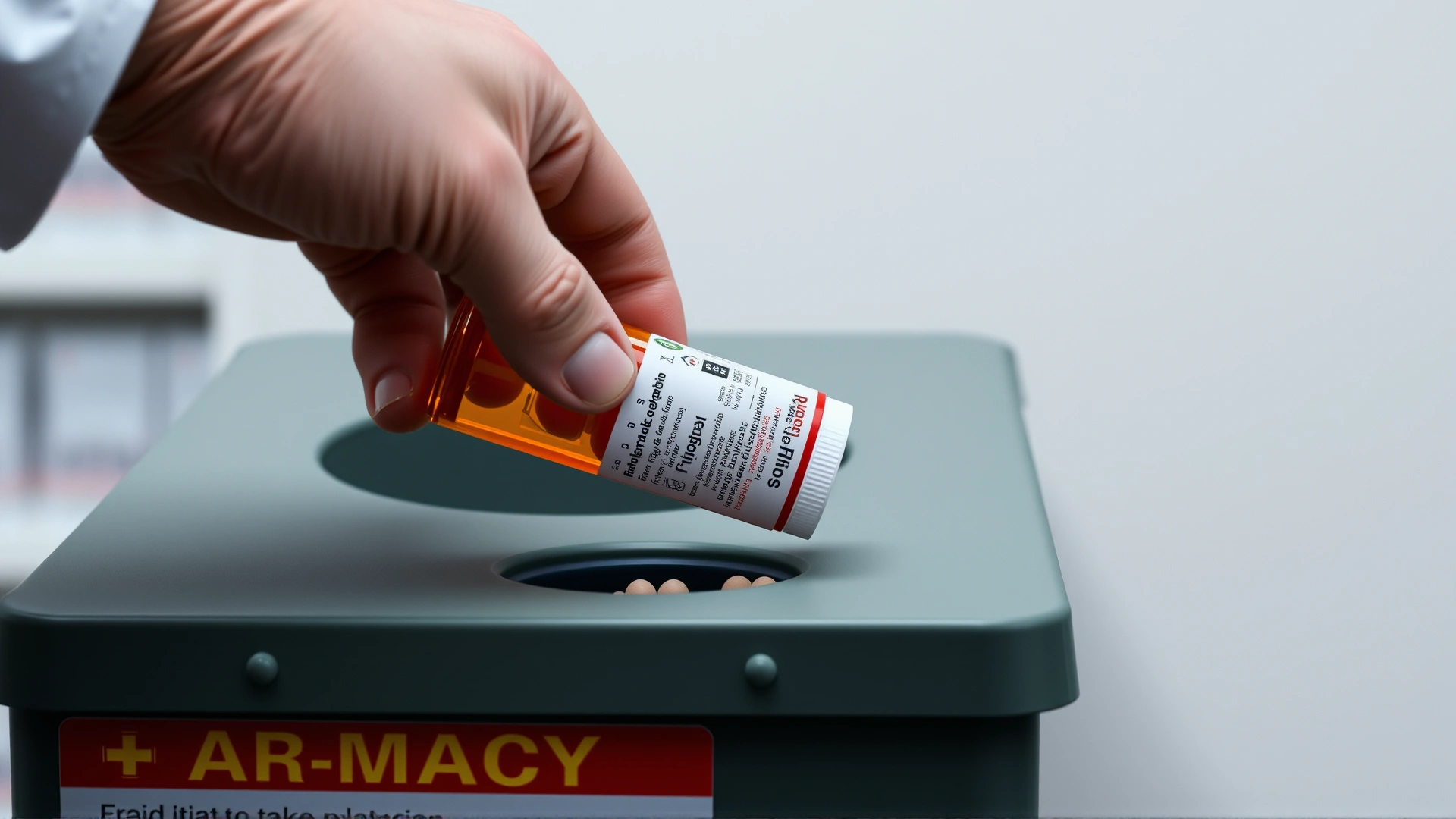 Hand dropping an expired pet pill bottle into a pharmacy take-back disposal box