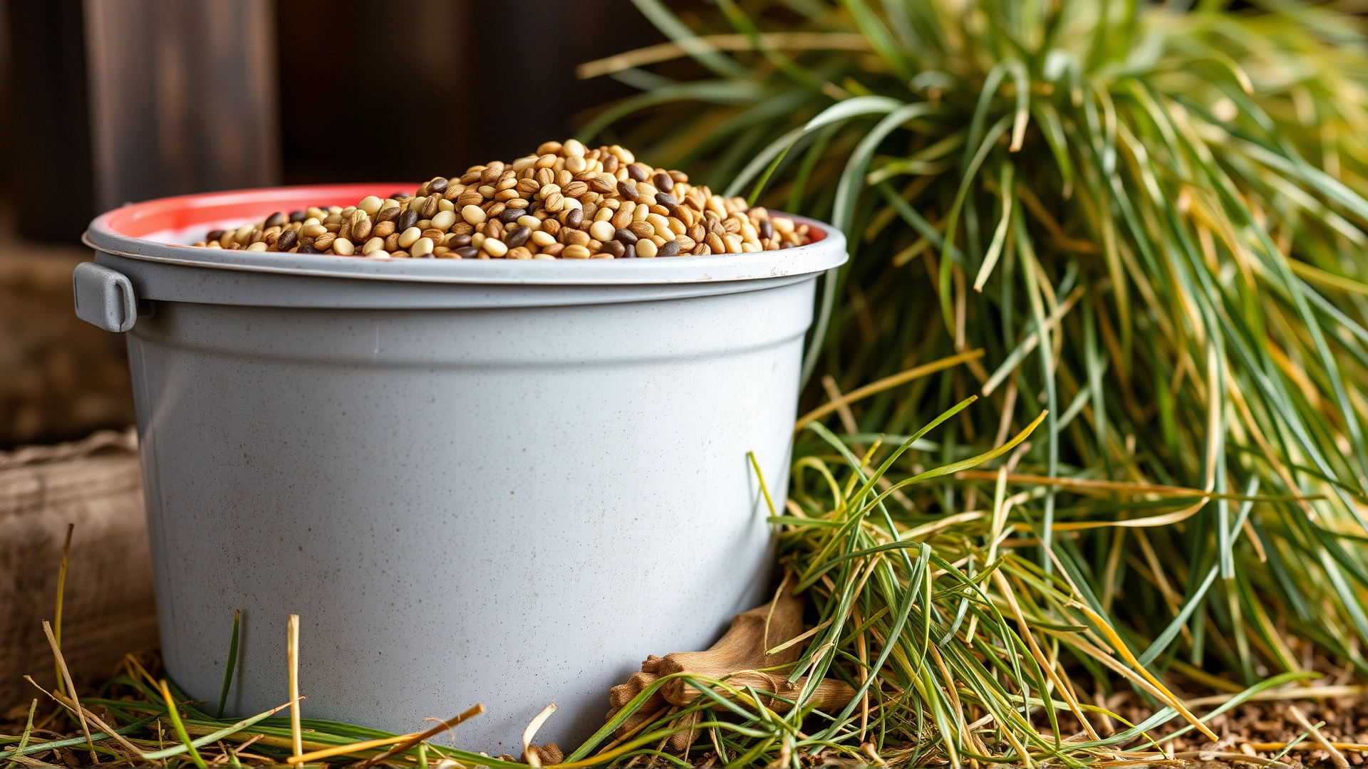 Bucket filled with high quality horse feed grains and supplements next to fresh hay