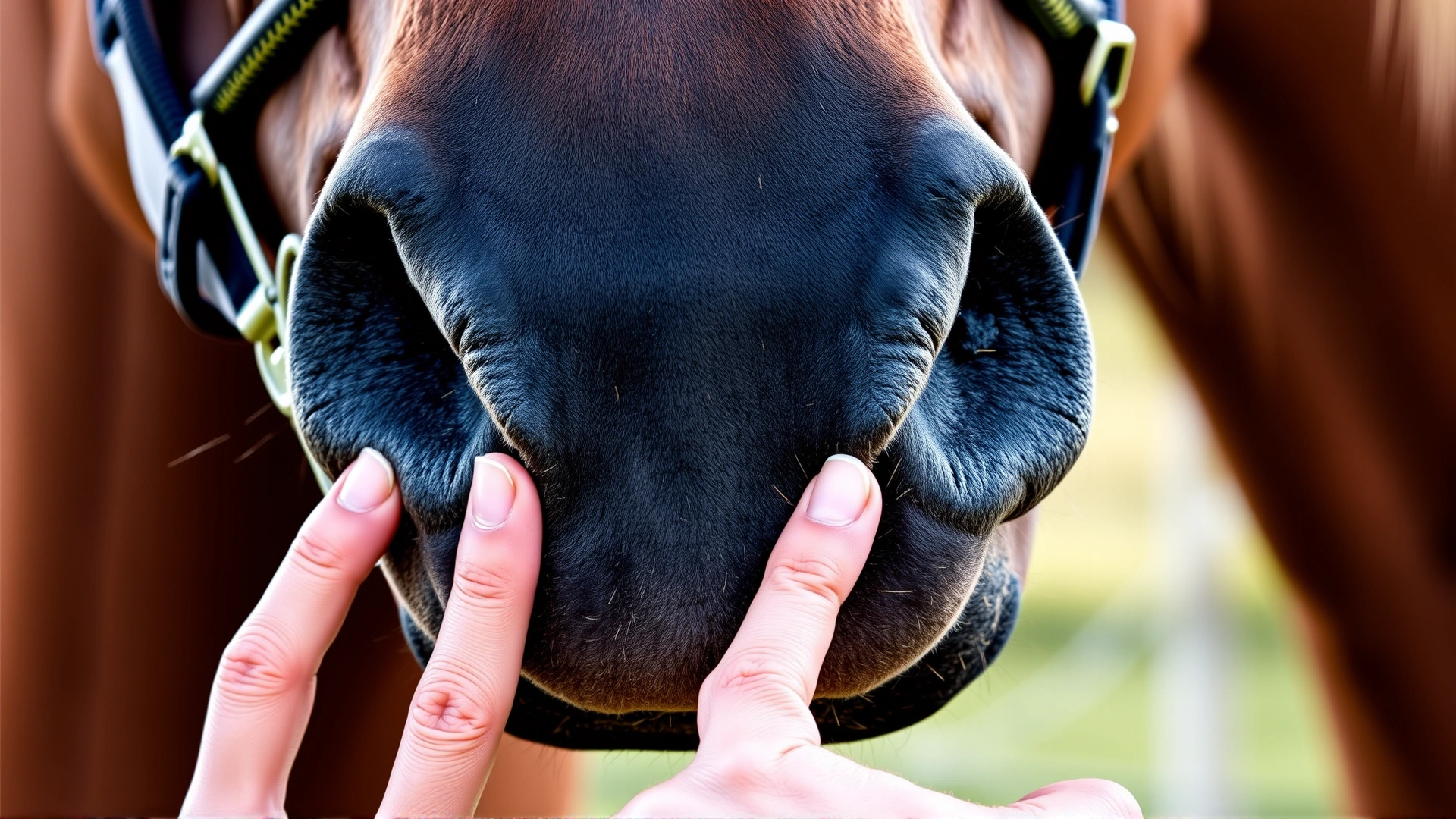 Person demonstrating proper fit of a grazing muzzle on a horse, with two fingers inserted between the muzzle edge and the horse's lips for scale