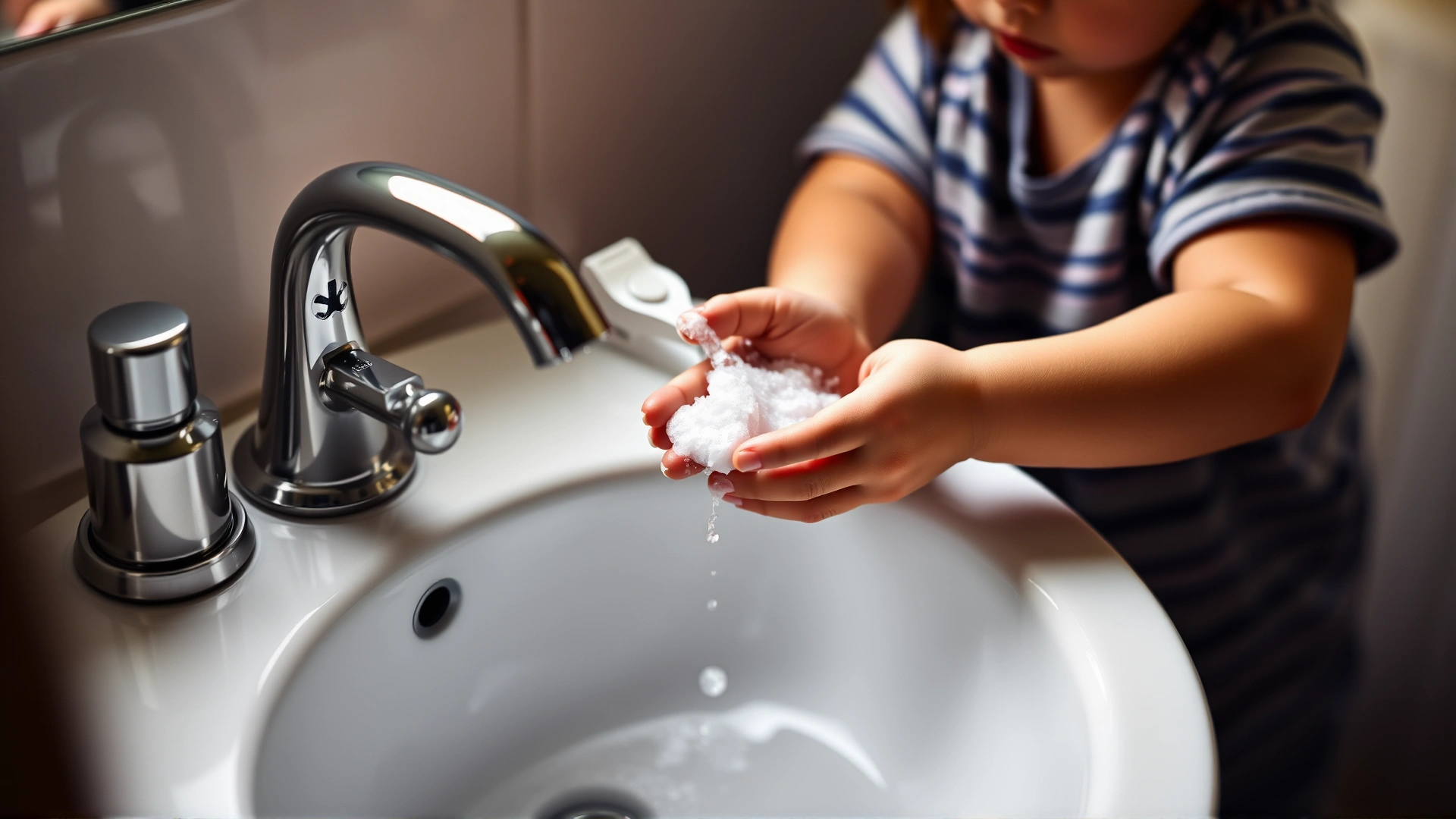 Child washing hands with soap at a bathroom sink, focus on hands and soap with water running; no text