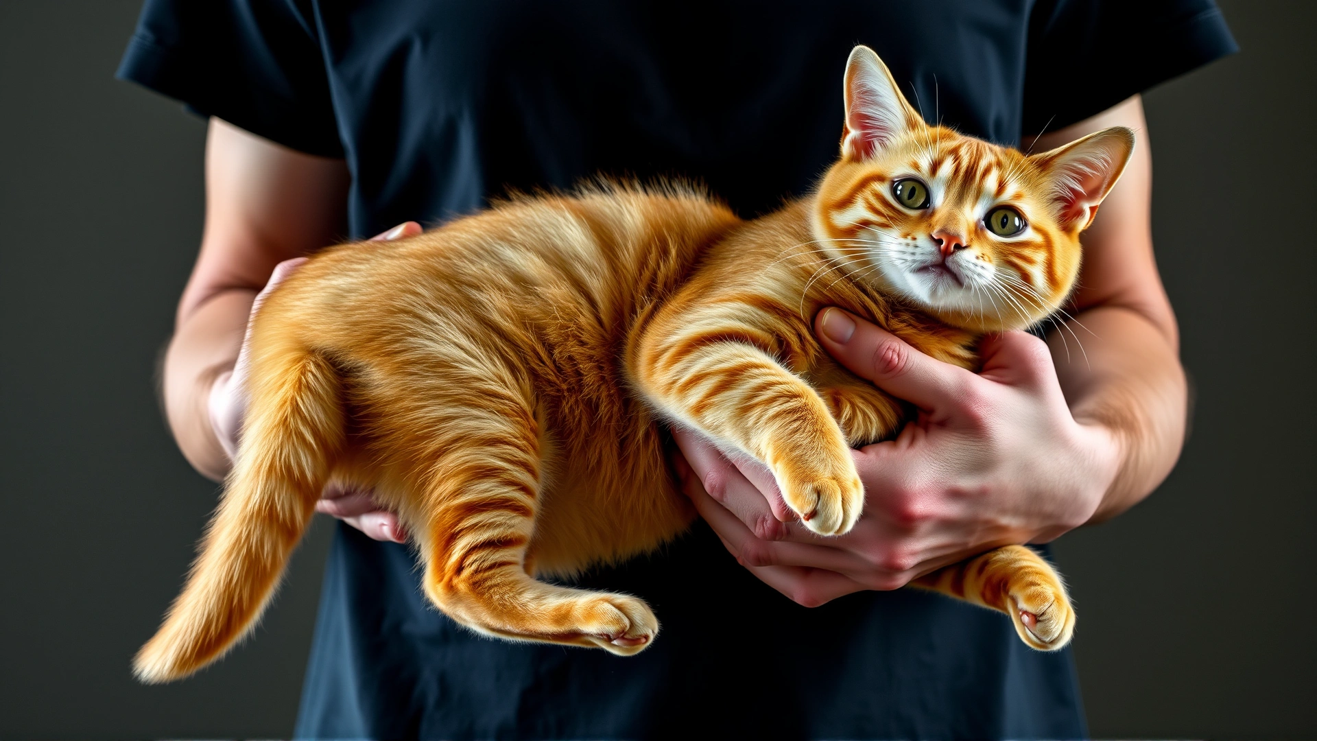 Person holding an orange tabby cat close to their chest with both hands supporting chest and hindquarters, demonstrating correct lifting technique