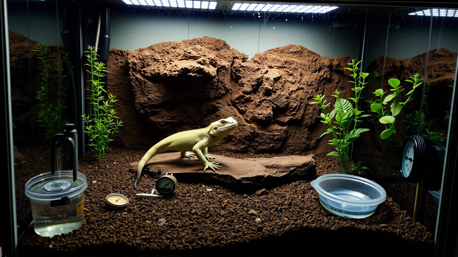 Well-lit terrarium setup with correct substrate, hiding spot, water dish, and temperature/humidity gauges, showing ideal environment for recovering reptile.