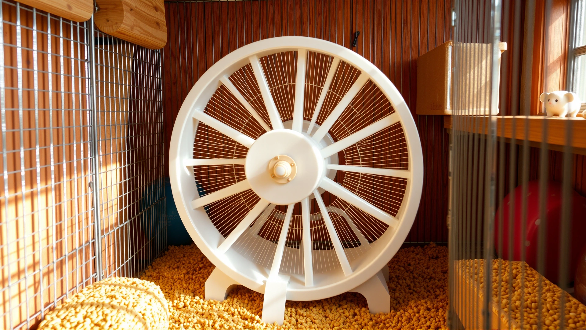 Large solid-surface hamster wheel inside a well-arranged cage, showing correct size and safe materials, warmly lit.