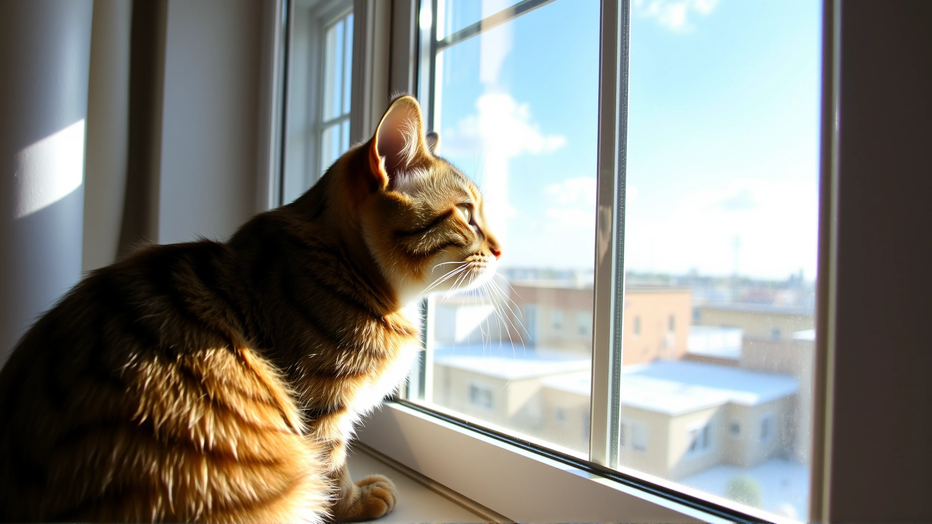 Healthy tabby cat looking out of a sunny apartment window from a comfortable perch, illustrating safe indoor lifestyle, no text