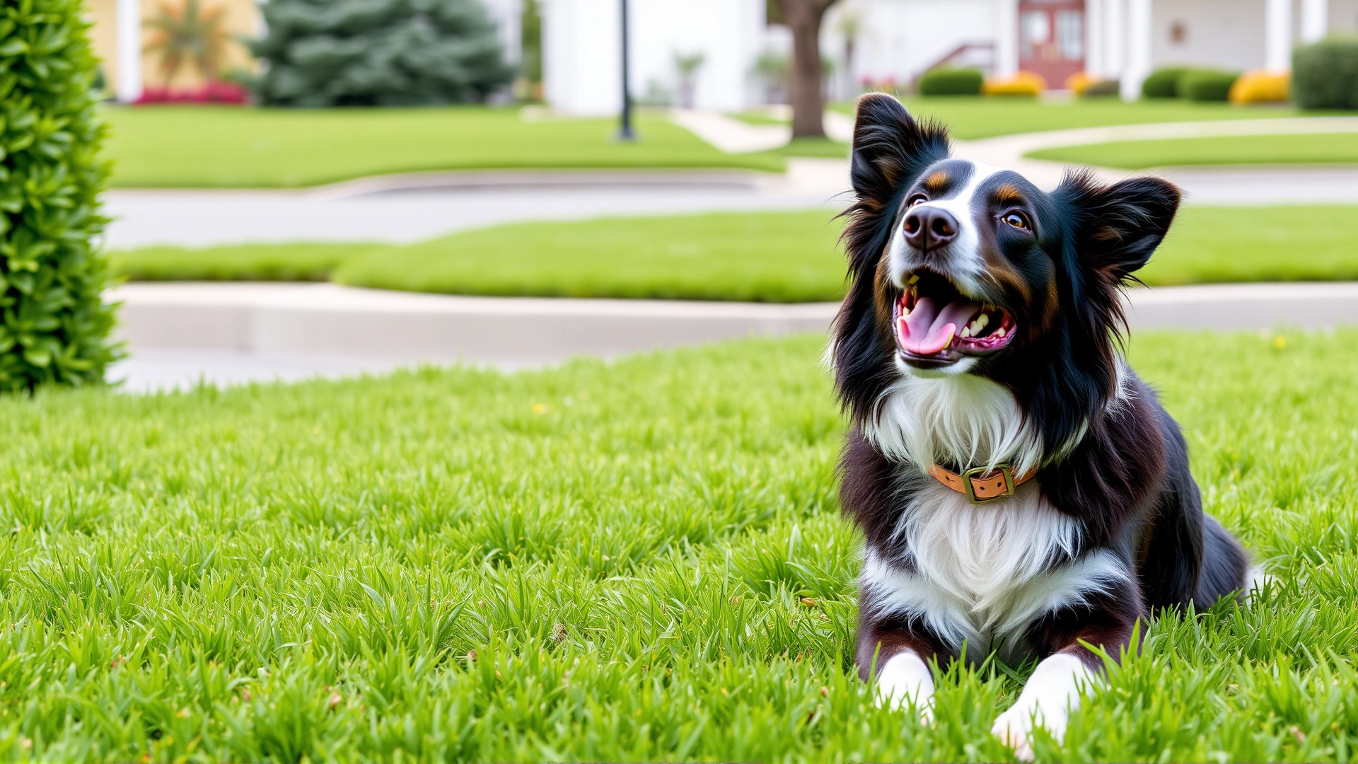 Happy border collie sitting inside a neatly mowed lawn with no physical fence, open view to street, collar visible, representing freedom with safety.