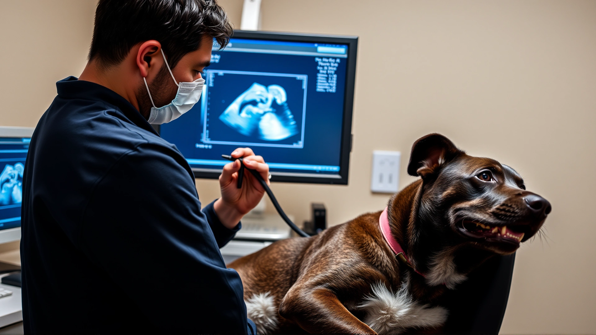 Male vet performing an ultrasound on the abdomen of an adult male dog to check the prostate, screen visible but no text.