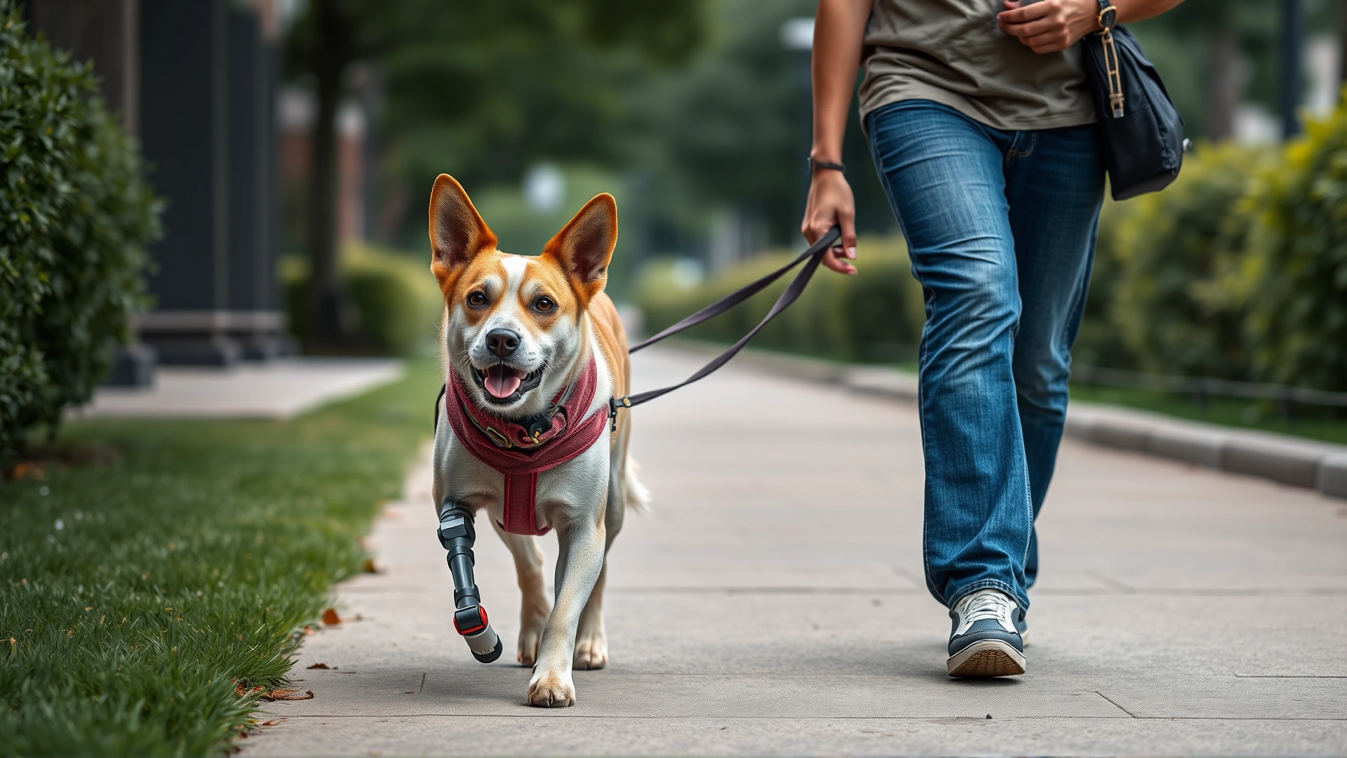 A dog wearing a custom prosthetic limb walking confidently on a sidewalk with its owner beside it