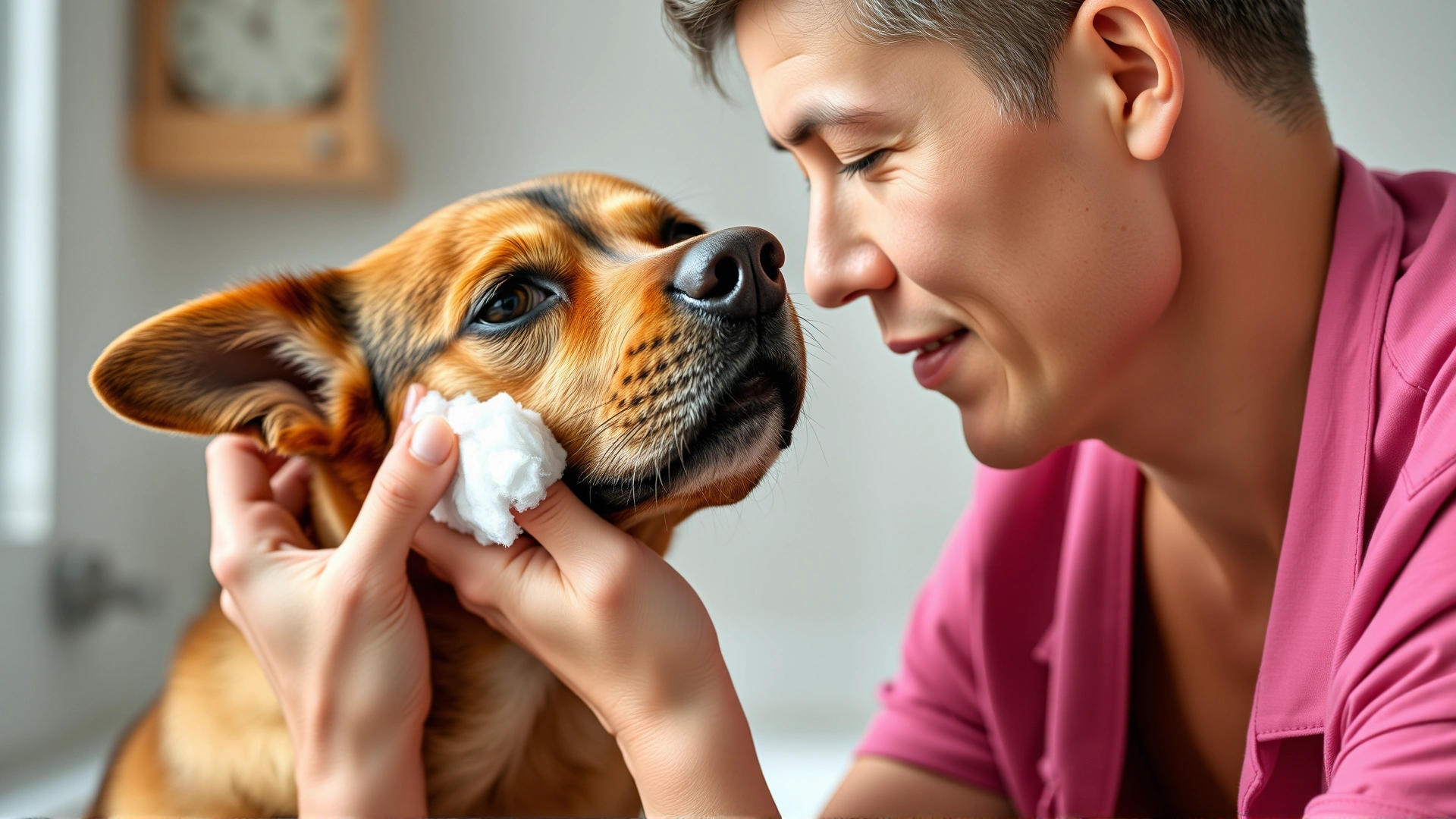 Owner gently placing a cotton ball into a dog’s ear, illustrating ear protection before bath
