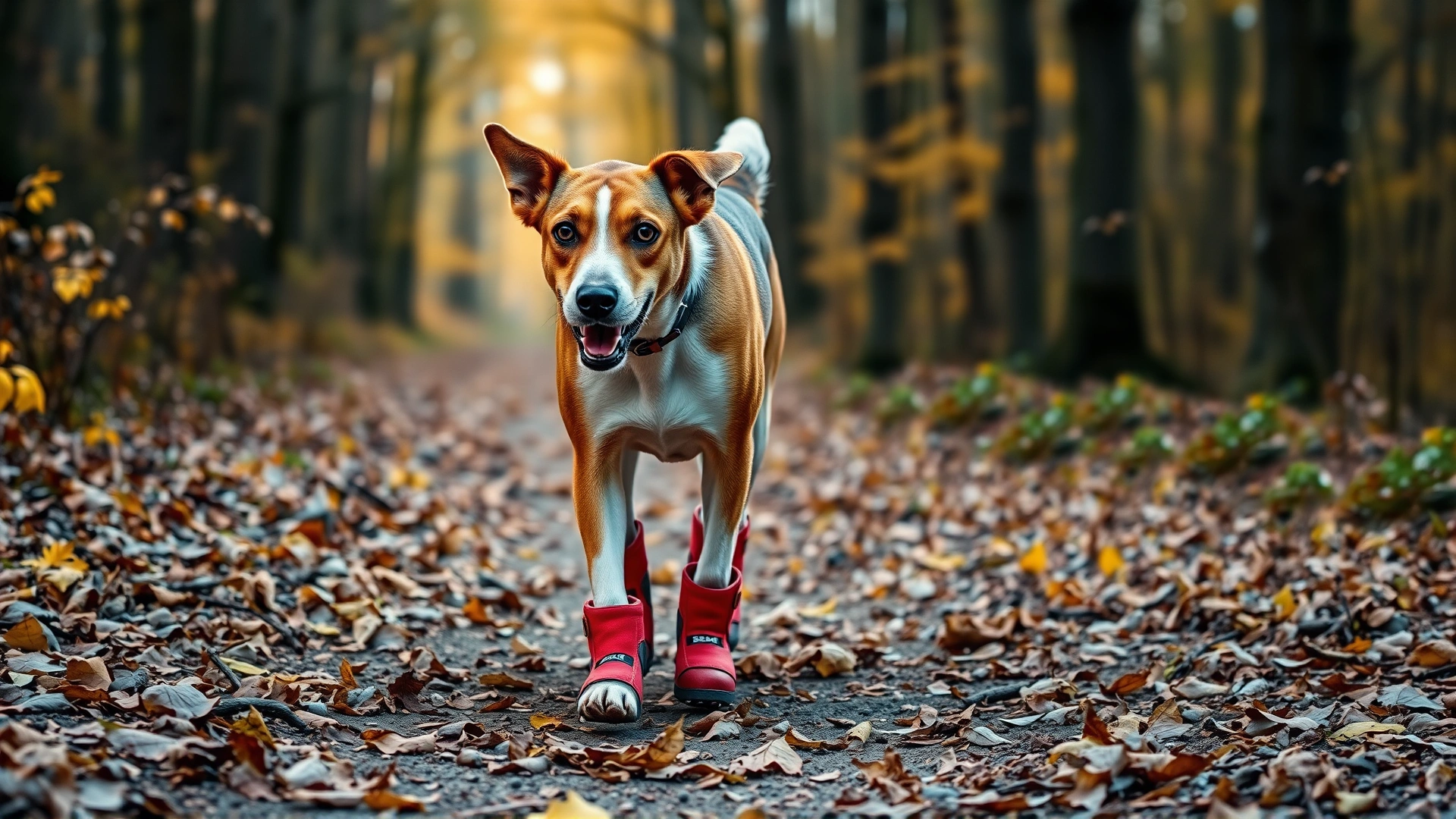 Active dog wearing red protective booties walking on a forest trail covered with dried leaves, autumn lighting