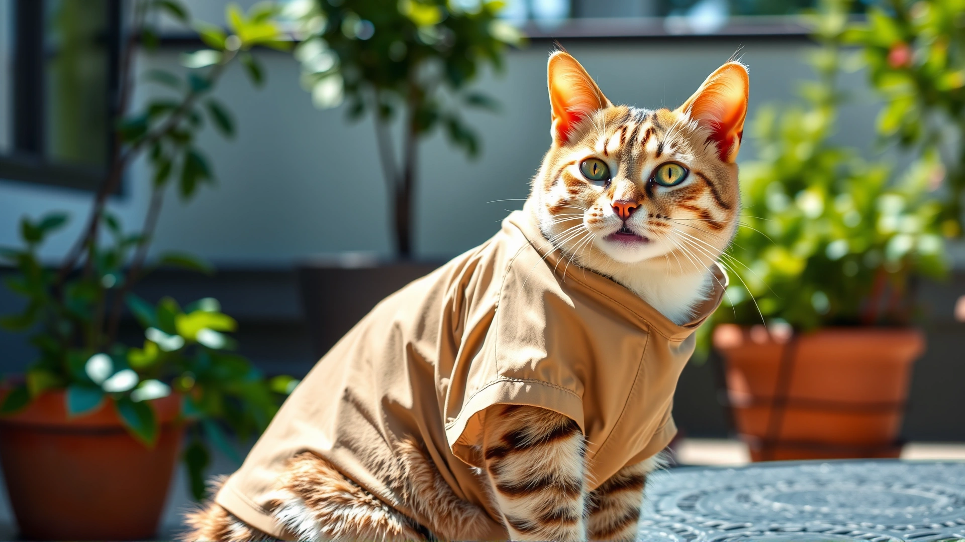 Cat wearing a lightweight UV-protective shirt while sitting on a sunny patio.