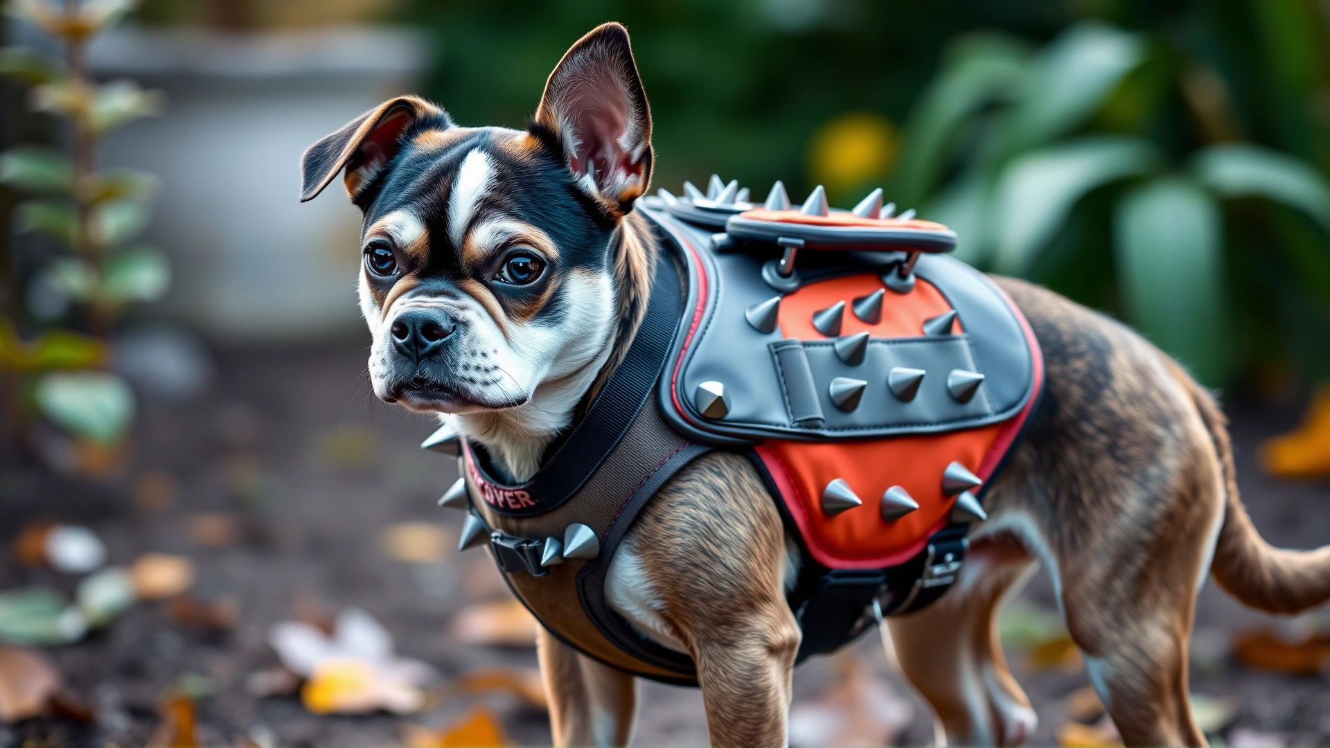 Small dog wearing a spiked anti-raptor vest harness while standing in a garden
