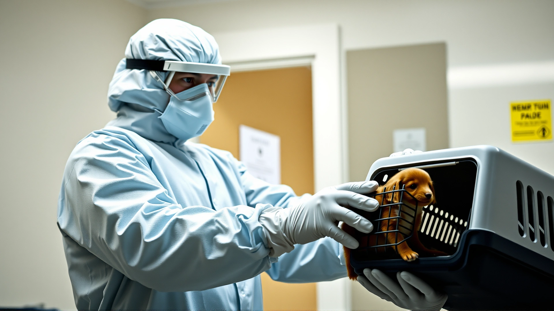 Person wearing full protective gear including gown, gloves, N95 mask, and goggles while handling a small animal carrier indoors, no text