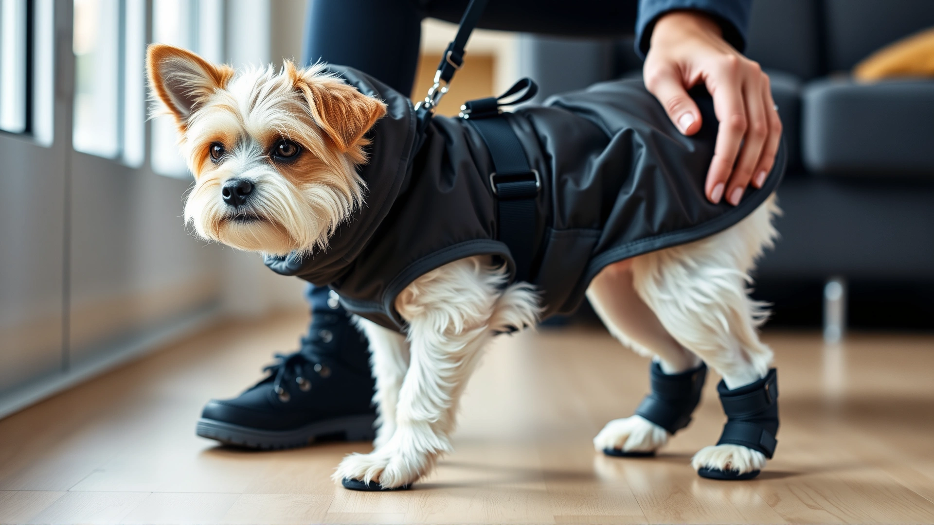 Small dog wearing a water-resistant winter coat and non-slip booties indoors, owner adjusting the coat straps
