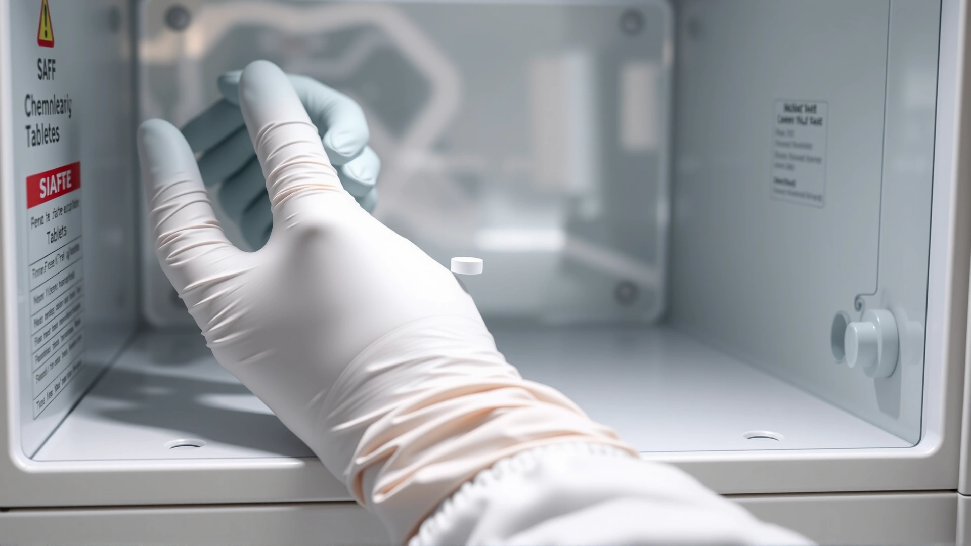 Gloved hands carefully handling chemotherapy tablets inside a pharmacy isolator cabinet, illustrating safe handling procedures, no text