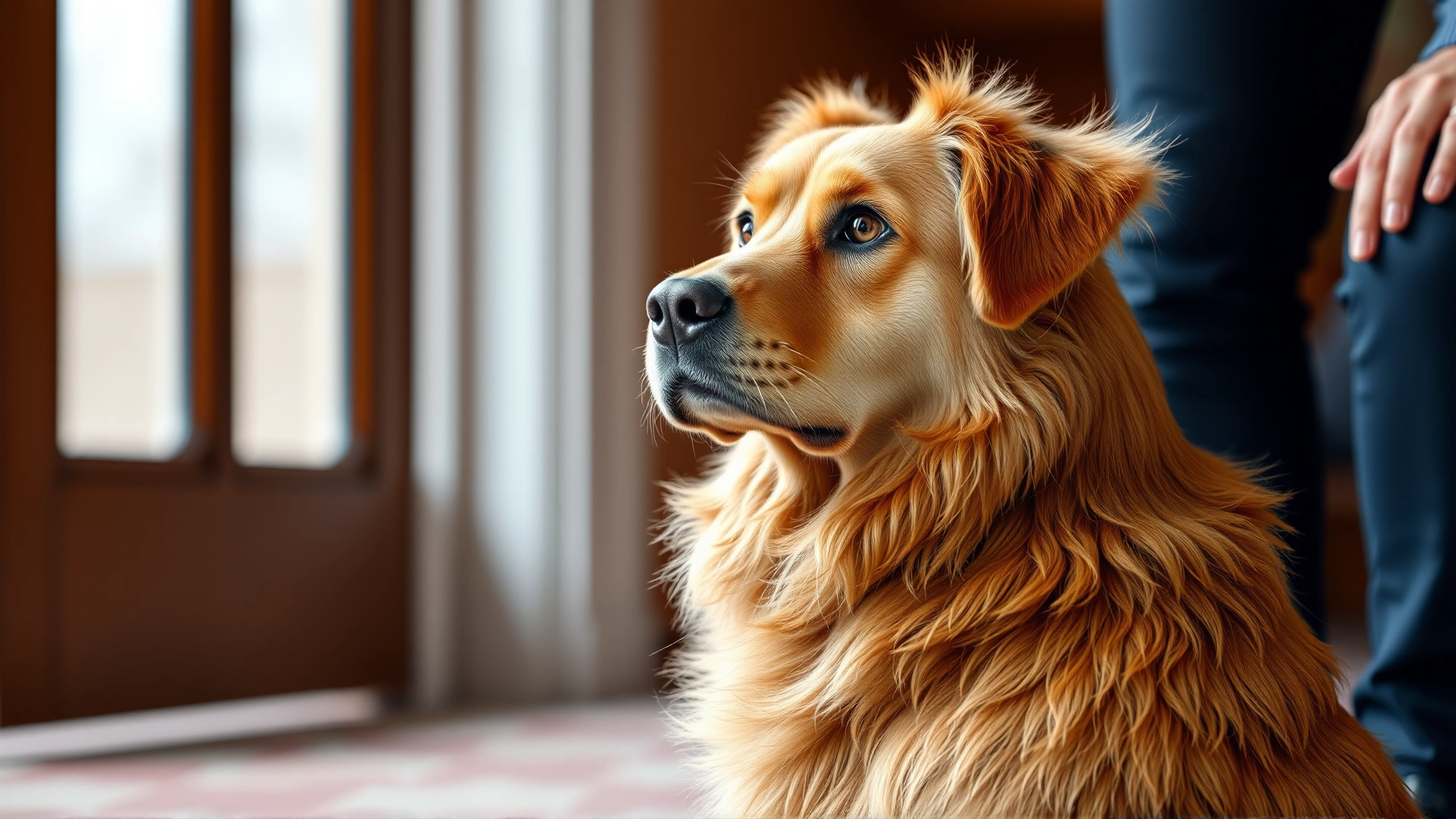 Dog sitting alertly on its owner's legs, looking toward the door, conveying guarding instinct