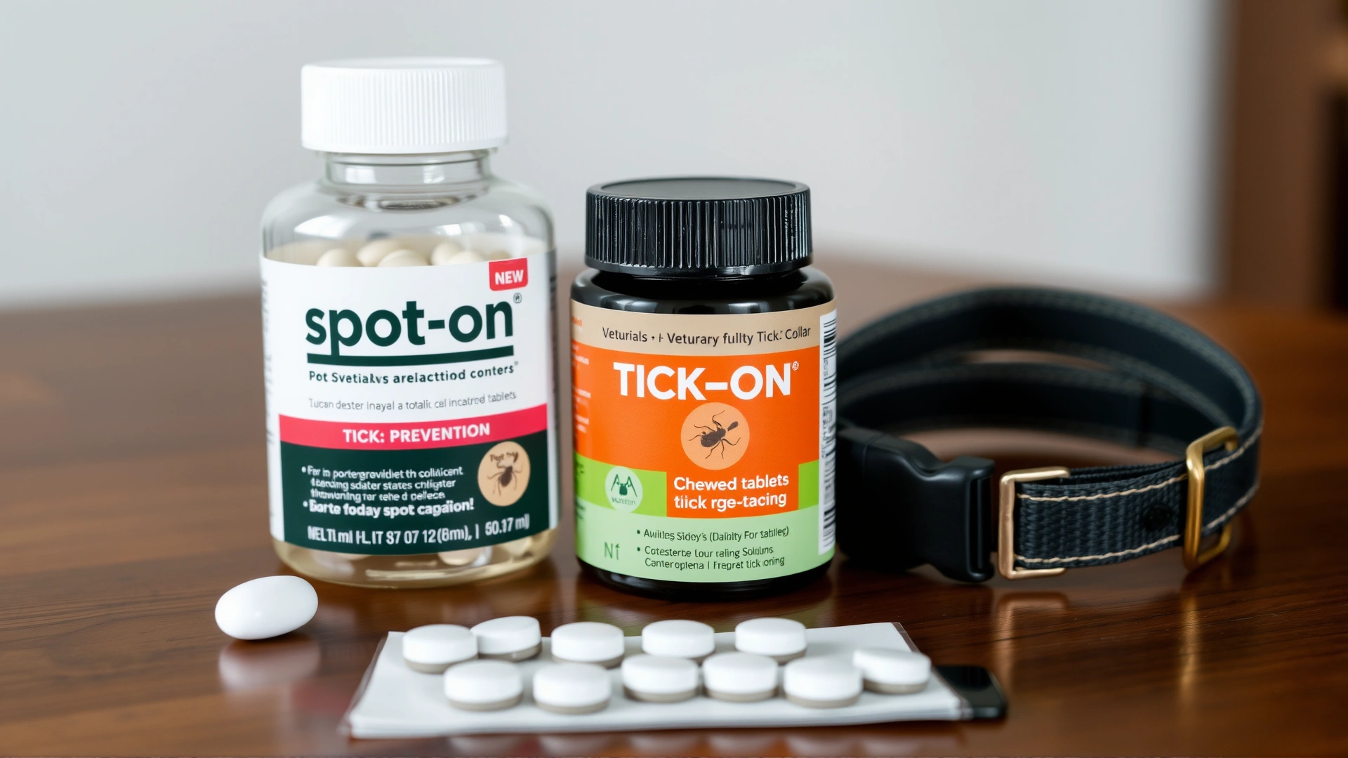 Variety of veterinary tick-prevention products (spot-on solution, chewable tablet, and tick collar) neatly displayed on a wooden table with a neutral backdrop.