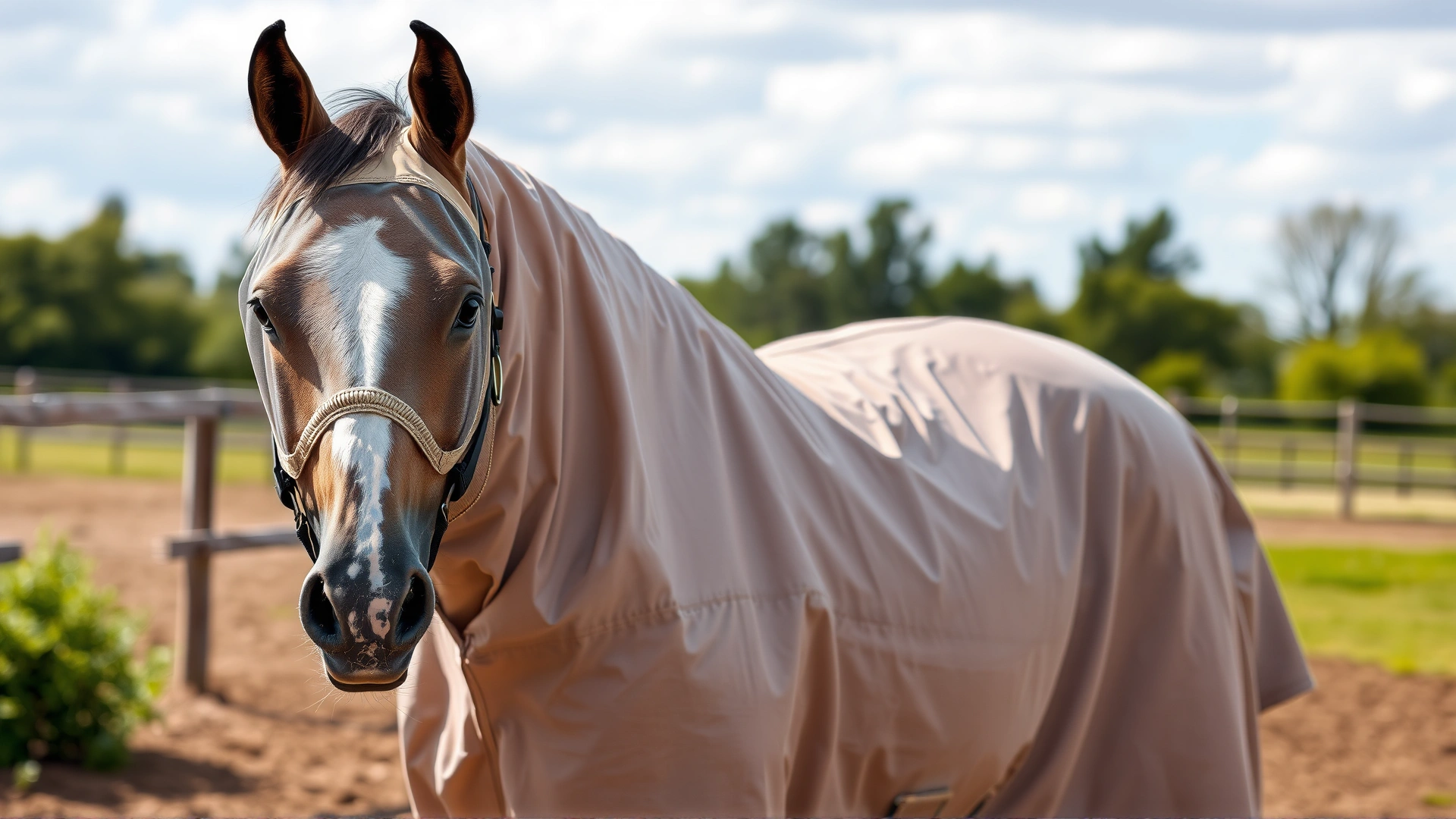 A horse wearing a light-colored UV-protective fly sheet and mask while standing in an outdoor paddock