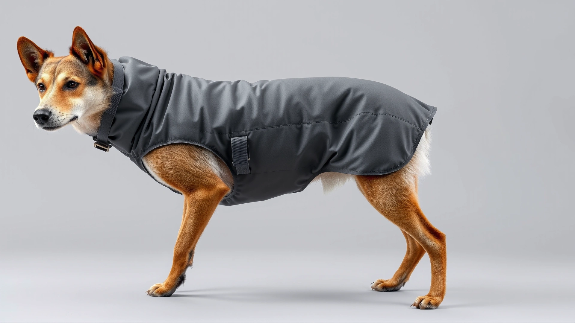 Short-haired mixed-breed dog standing and wearing a gray full-body protective recovery suit, studio background.