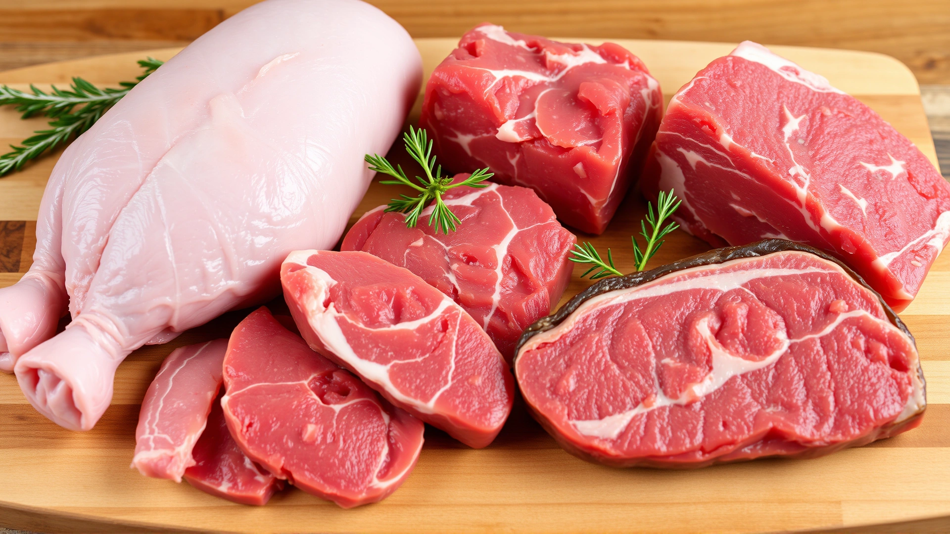Macro shot of fresh raw poultry and red meat pieces arranged on a wooden board, emphasizing high-protein animal sources.