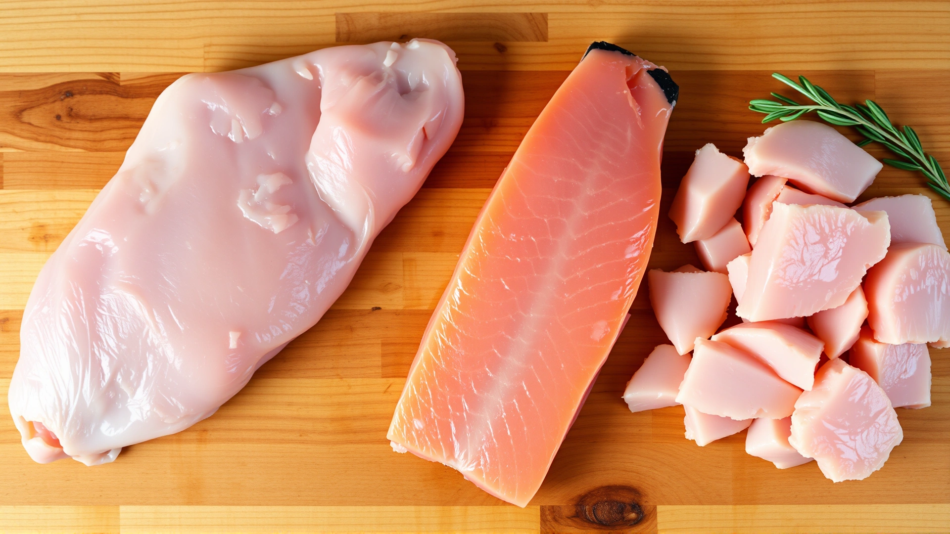 Raw chicken breast, salmon fillet, and turkey pieces neatly arranged on a wooden cutting board, representing high-quality protein sources for cats.