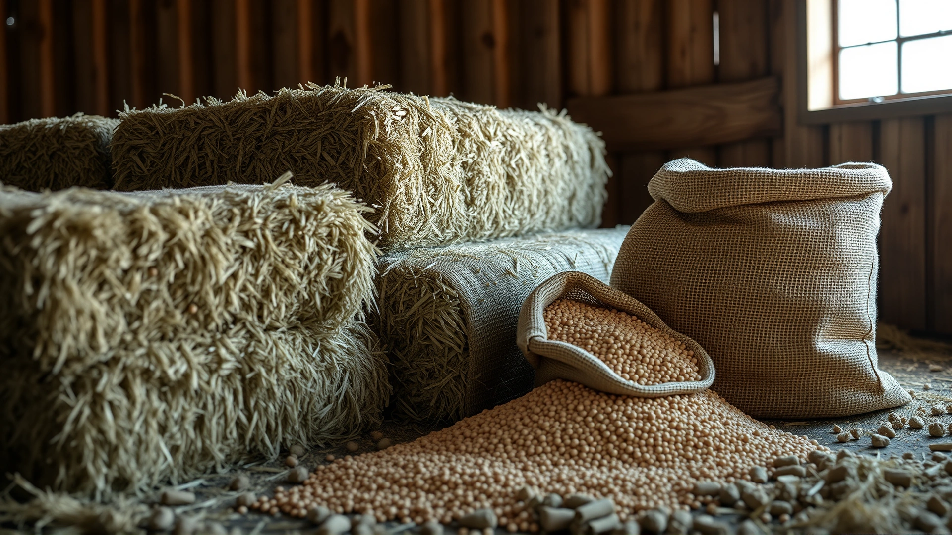 Neatly stacked alfalfa bales next to a burlap sack spilling roasted soybean meal in a barn, soft natural lighting, no text