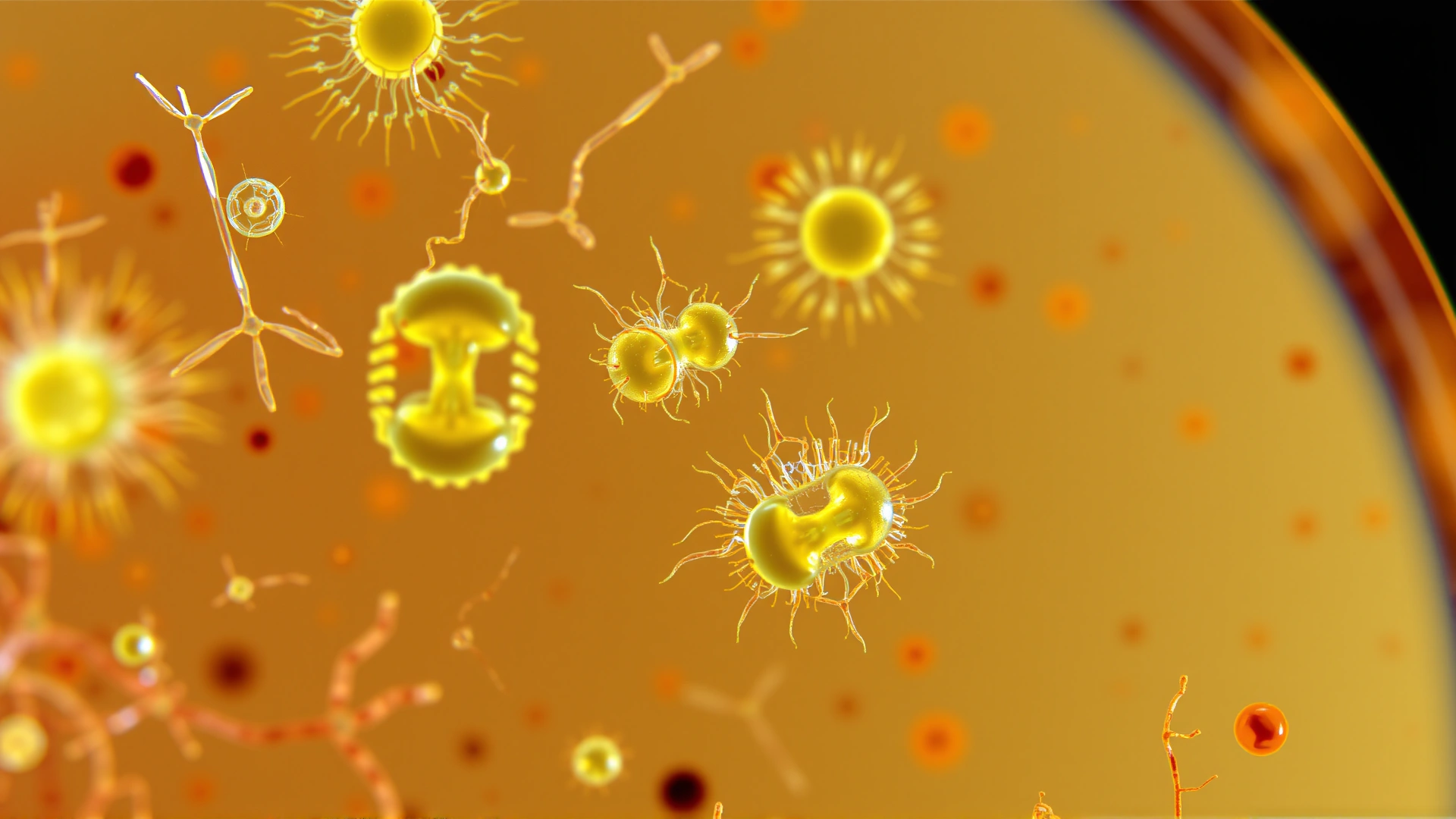 Colorful high-magnification microscope photograph showing protozoan organisms such as coccidia oocysts on a glass slide