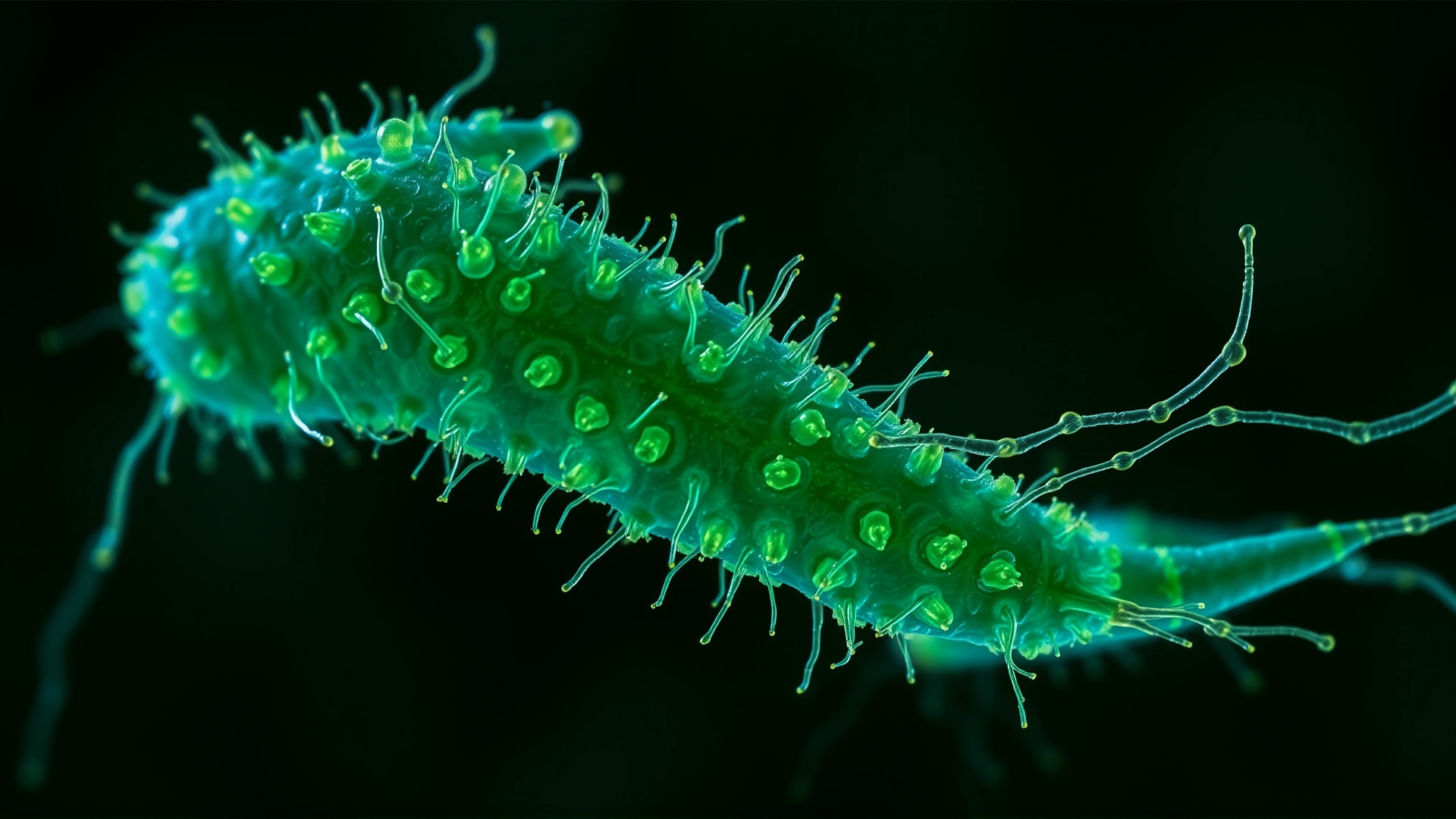 Microscopic close-up of coccidia protozoa on a dark background with vivid highlighting to show cellular structure, high detail