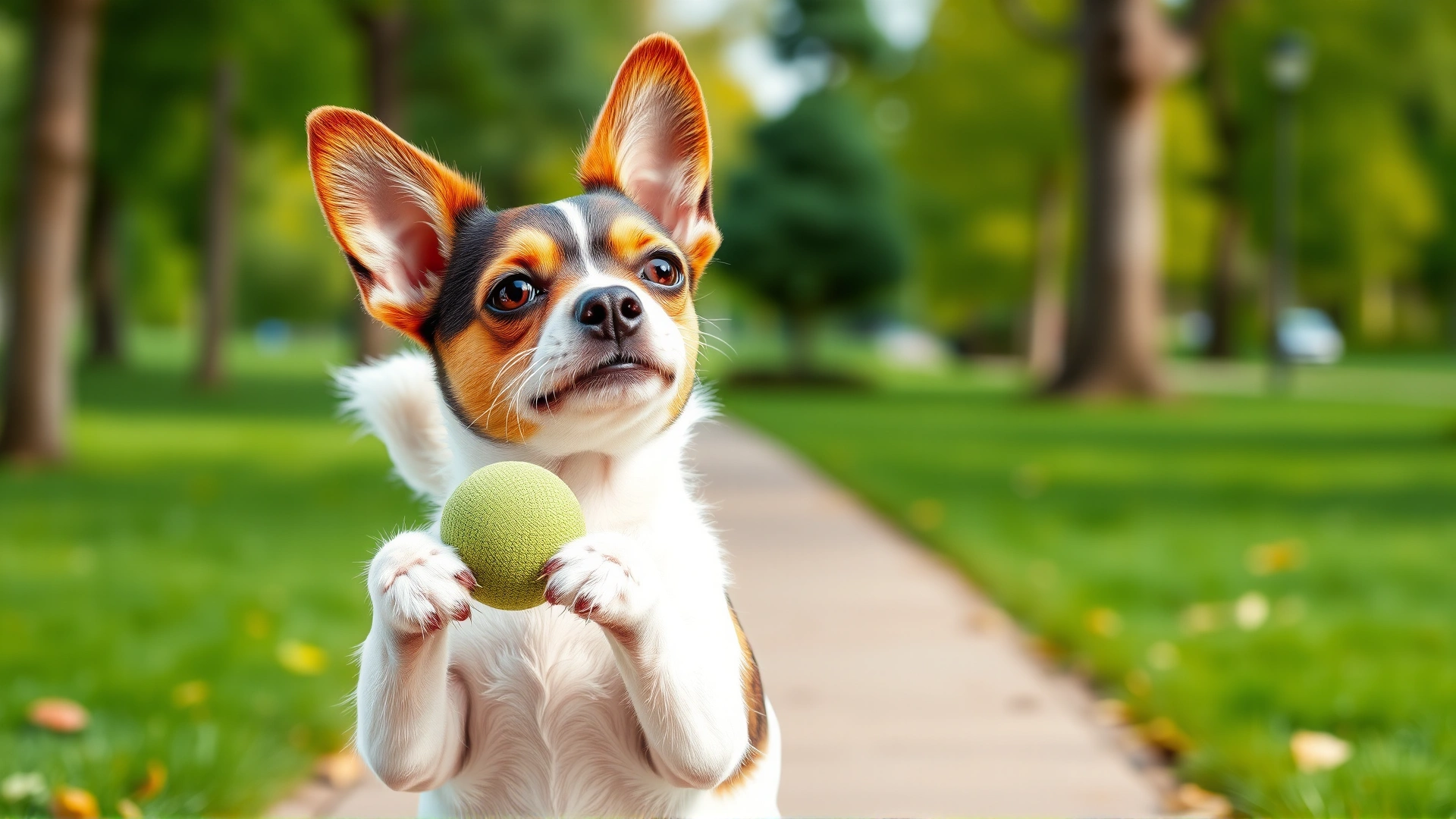 AI-generated image: Small terrier standing in a park, head held high while holding a squeaky toy, tail wagging proudly; bright vibrant colors emphasize the dog’s confidence