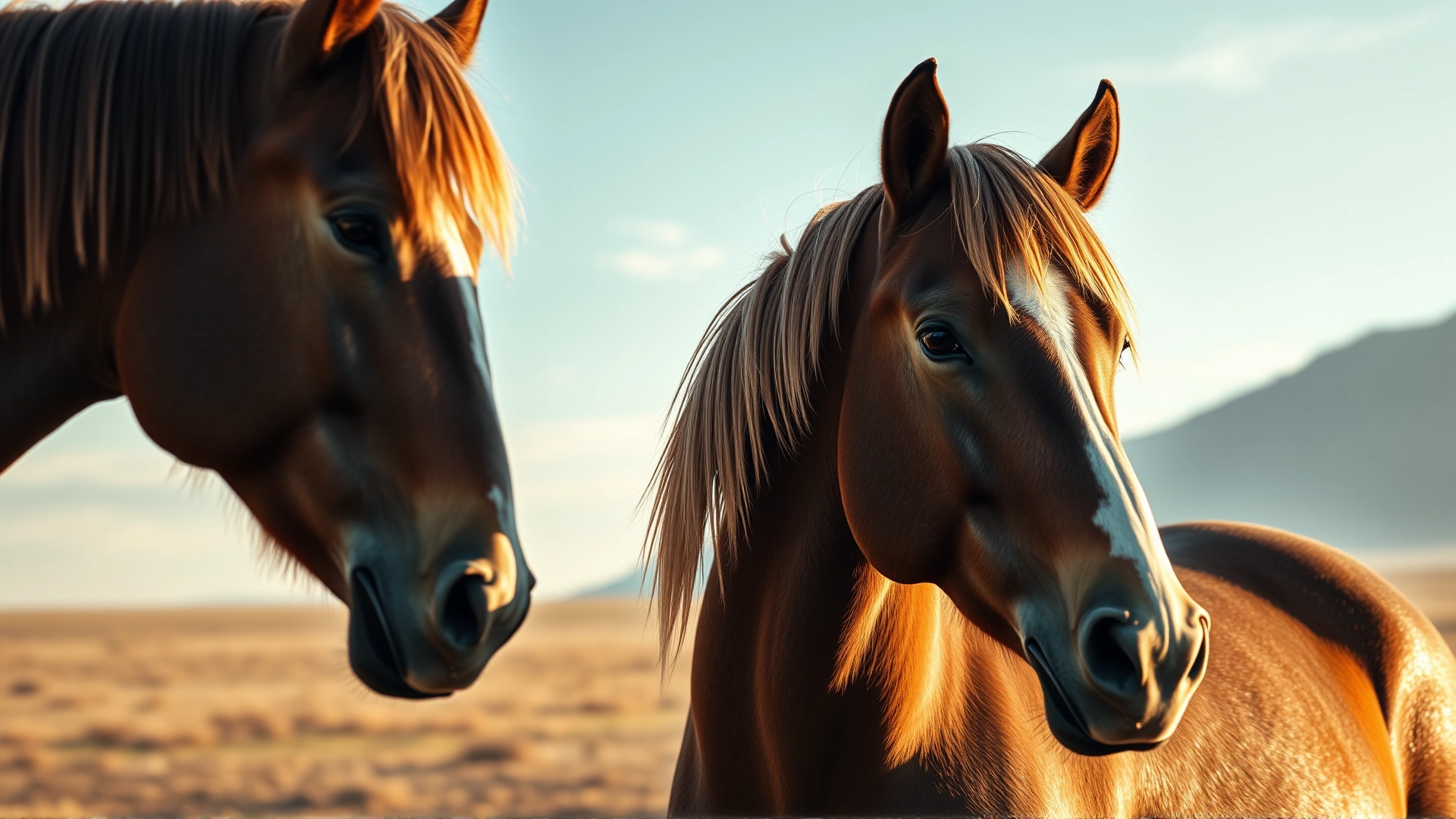 Close-up photo of two Przewalski's horses standing side by side on the Mongolian steppe with soft morning light, no text