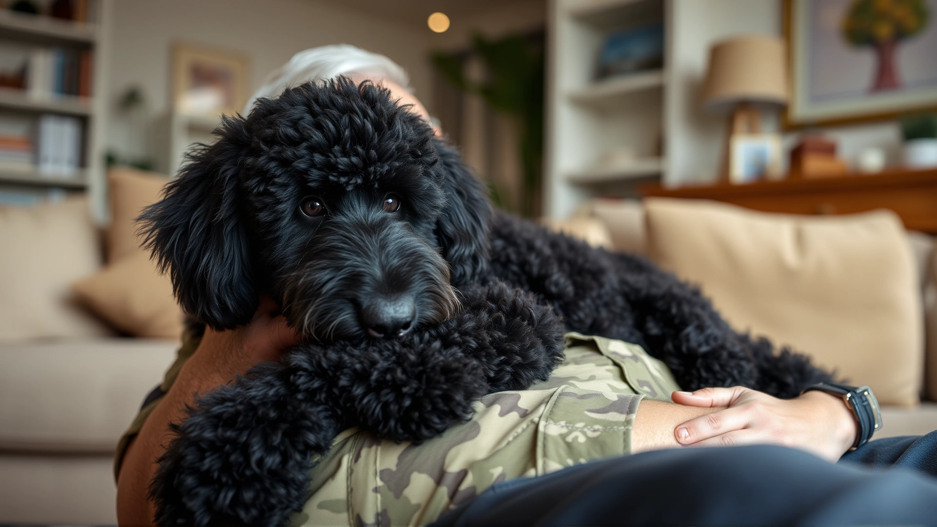 Calm black poodle applying deep pressure therapy by lying across the lap of a military veteran with PTSD in a softly lit living room.