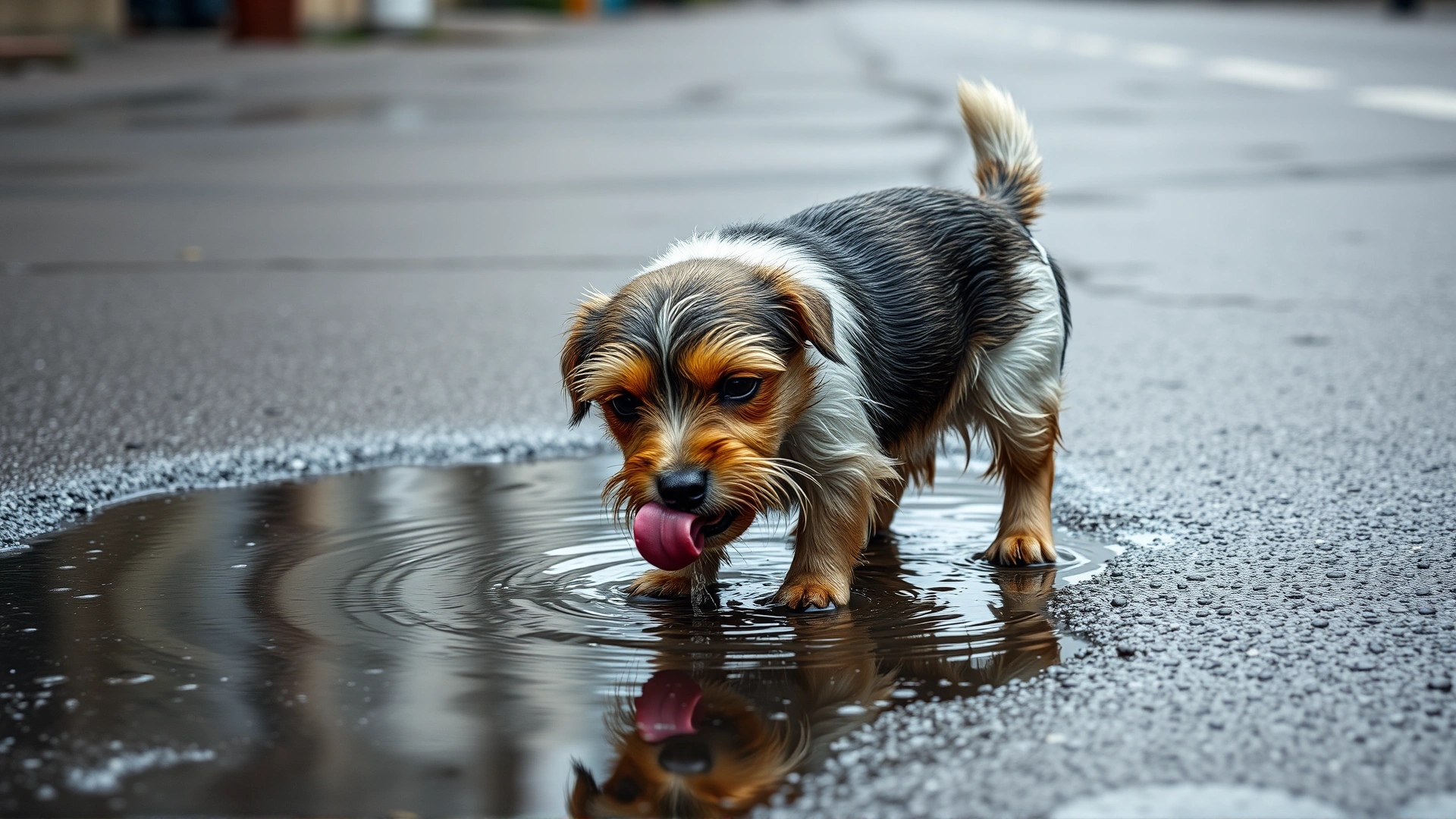 Small dog licking water from a street puddle after rainfall, urban background with wet asphalt, no text