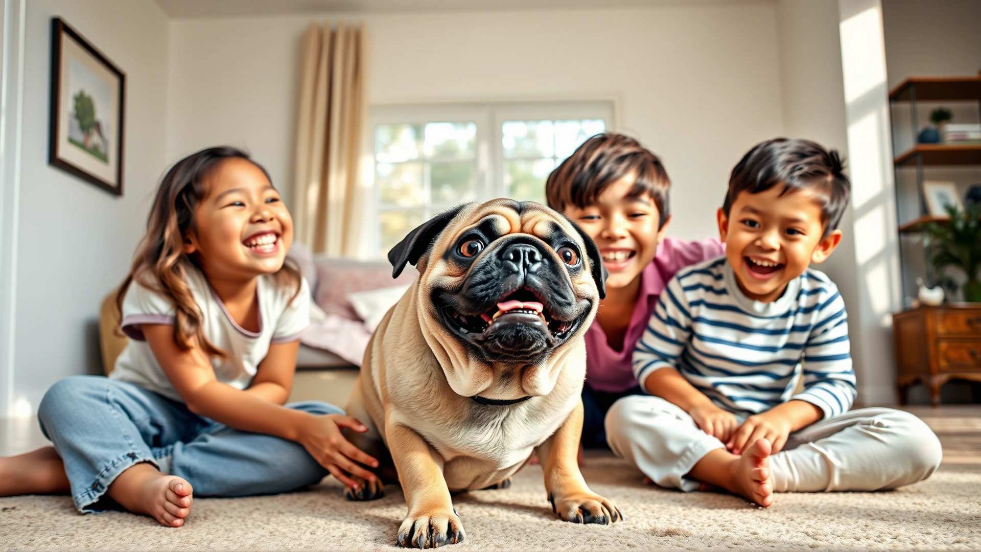 Happy family with two young children playing with a smiling pug in a sun-lit living room, candid moment, high resolution.