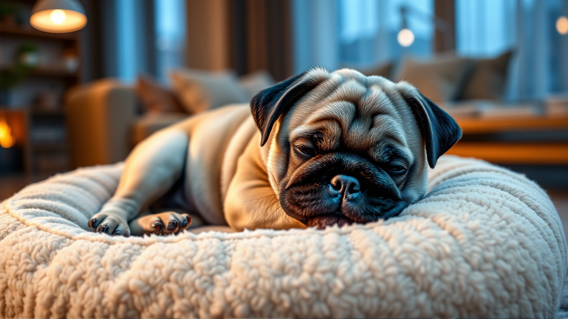 Cute pug puppy sleeping on a plush dog bed in a modern cozy living room with warm lighting, high resolution.