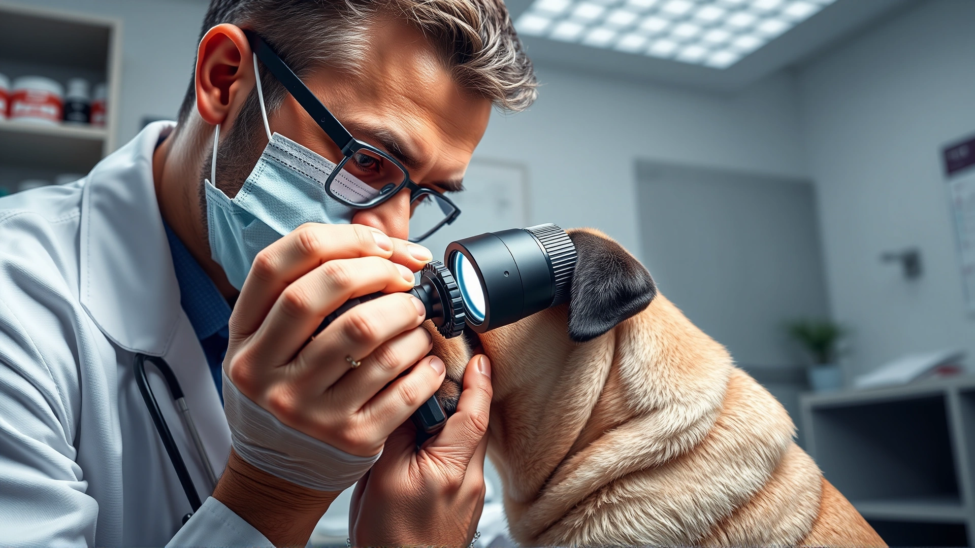 Veterinarian in white coat examining a pug’s eyes with an ophthalmoscope in a bright veterinary clinic.