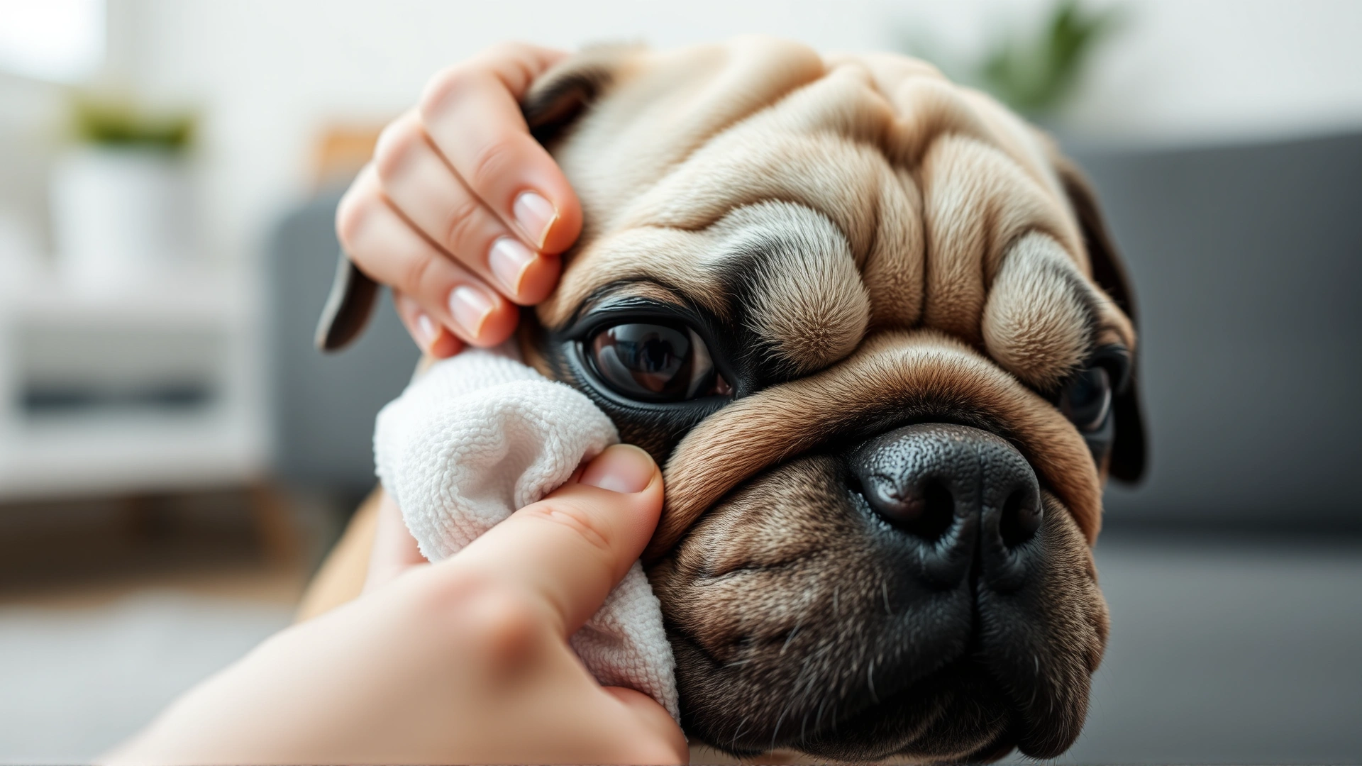 Close-up of hands gently cleaning a pug’s facial wrinkles with a soft cloth indoors, focus on wrinkles, high detail.