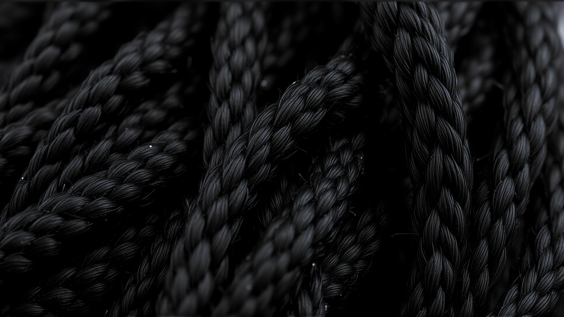Ultra-detailed close-up of black Puli coat cords showing texture and luster.