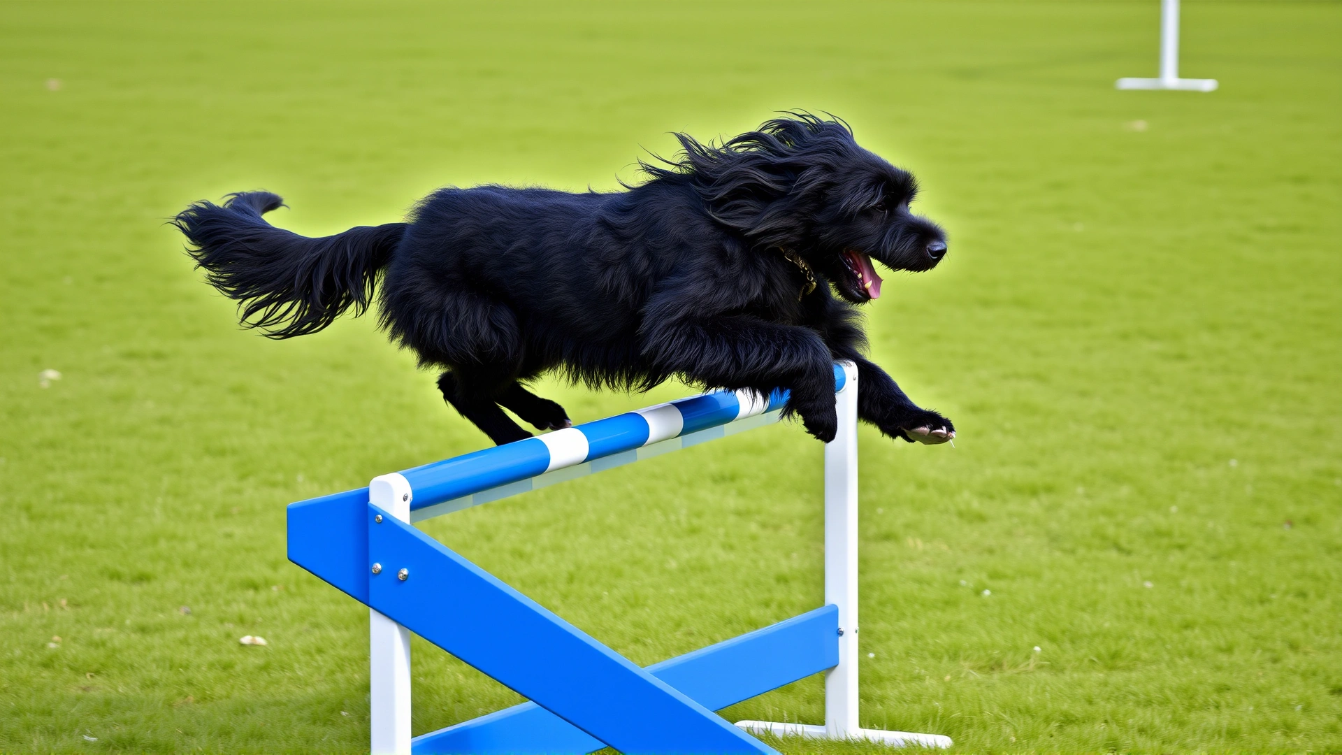 Agile black Puli dog leaping over a blue agility hurdle on a grassy course.