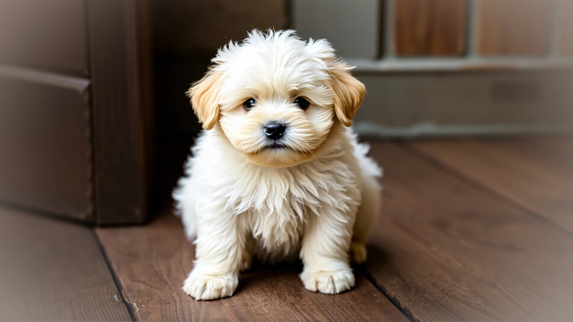 Adorable 12-week-old Puli puppy with fluffy, unc orded cream coat sitting on a rustic wooden floor.
