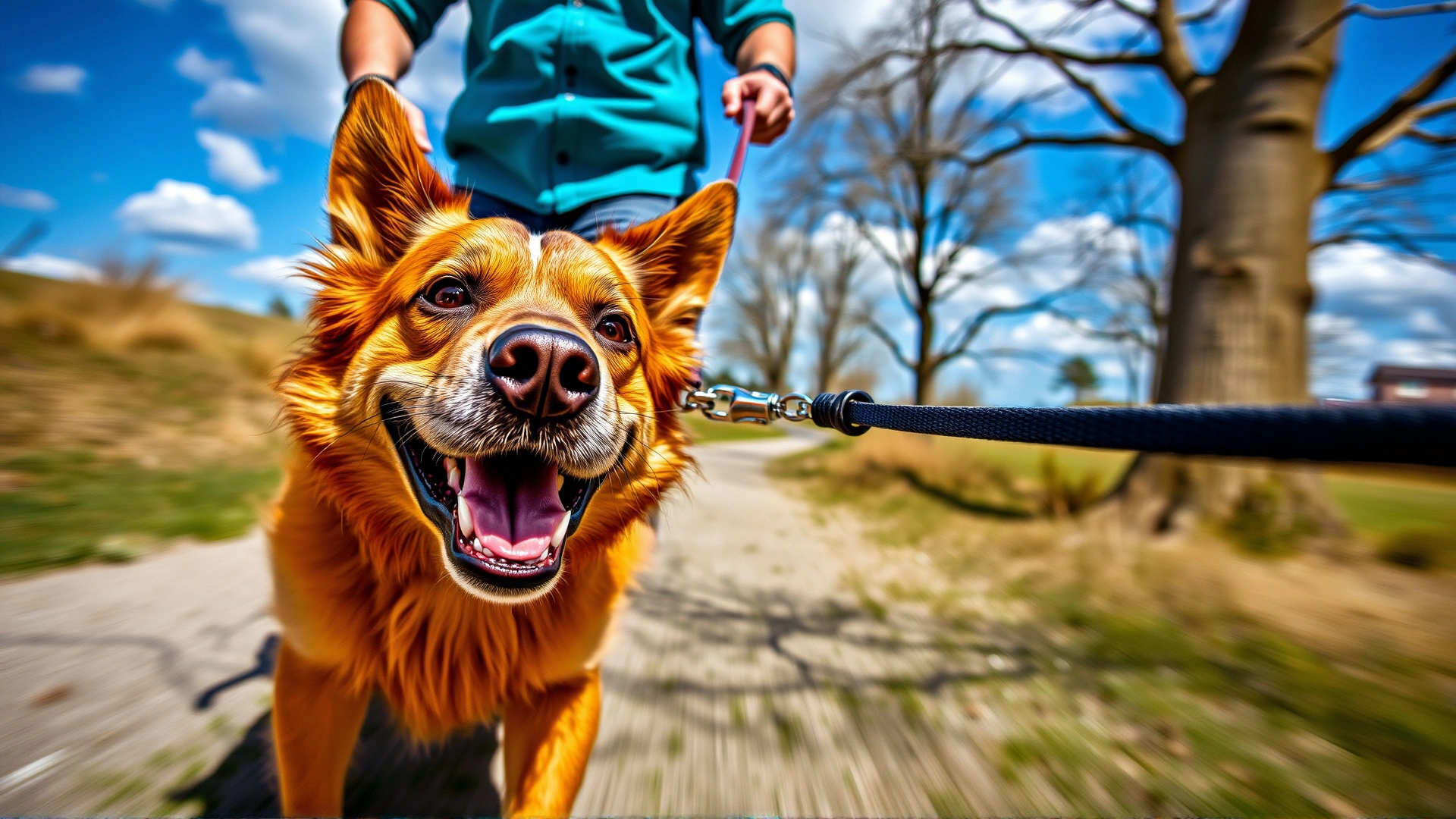 Dynamic photo of a strong dog pulling its owner forward on a leash during a walk, captured from the owner’s perspective.