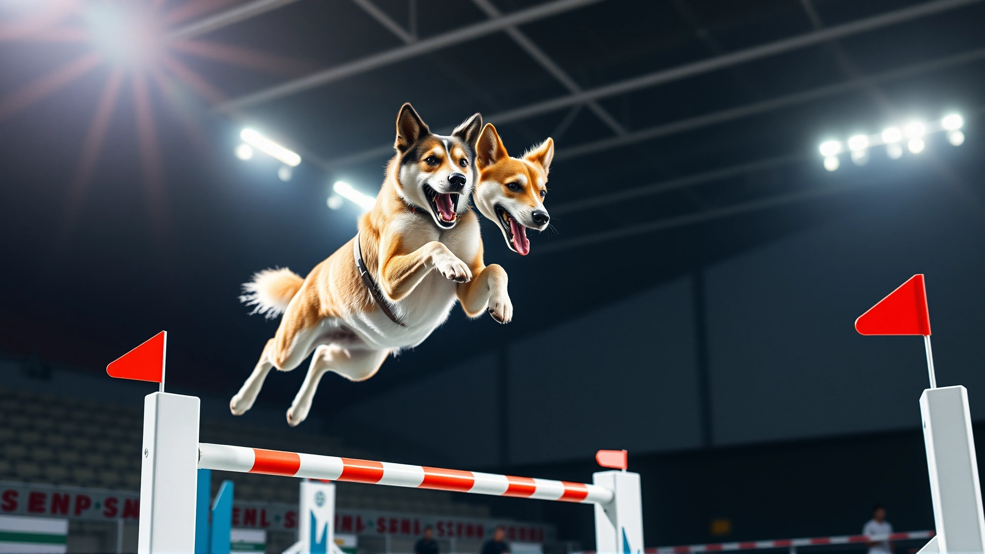 Energetic Hungarian Pumi mid-air while jumping over an agility hurdle during a competition, bright training equipment in the background, freeze-frame action.