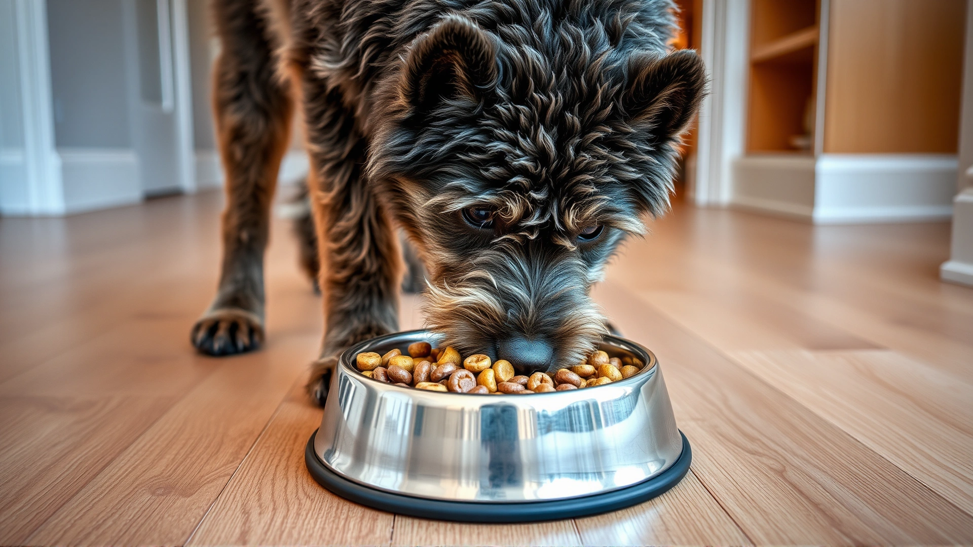 Hungarian Pumi eating kibble from a stainless-steel bowl on a wooden floor, healthy dog food visible, cozy indoor lighting.