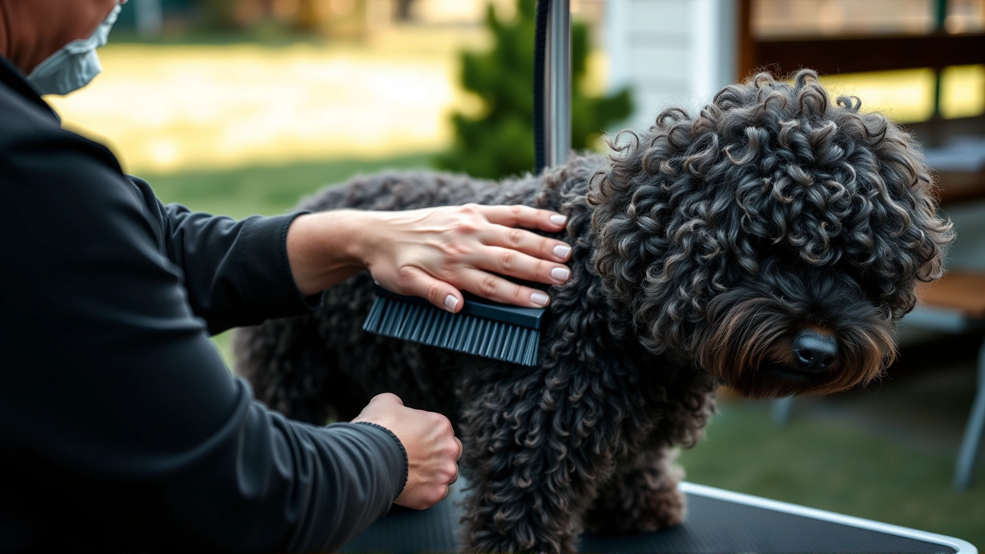 Owner gently brushing a Hungarian Pumi's curly coat on a grooming table outdoors, clear focus on the texture of the fur and the specialized slicker brush.
