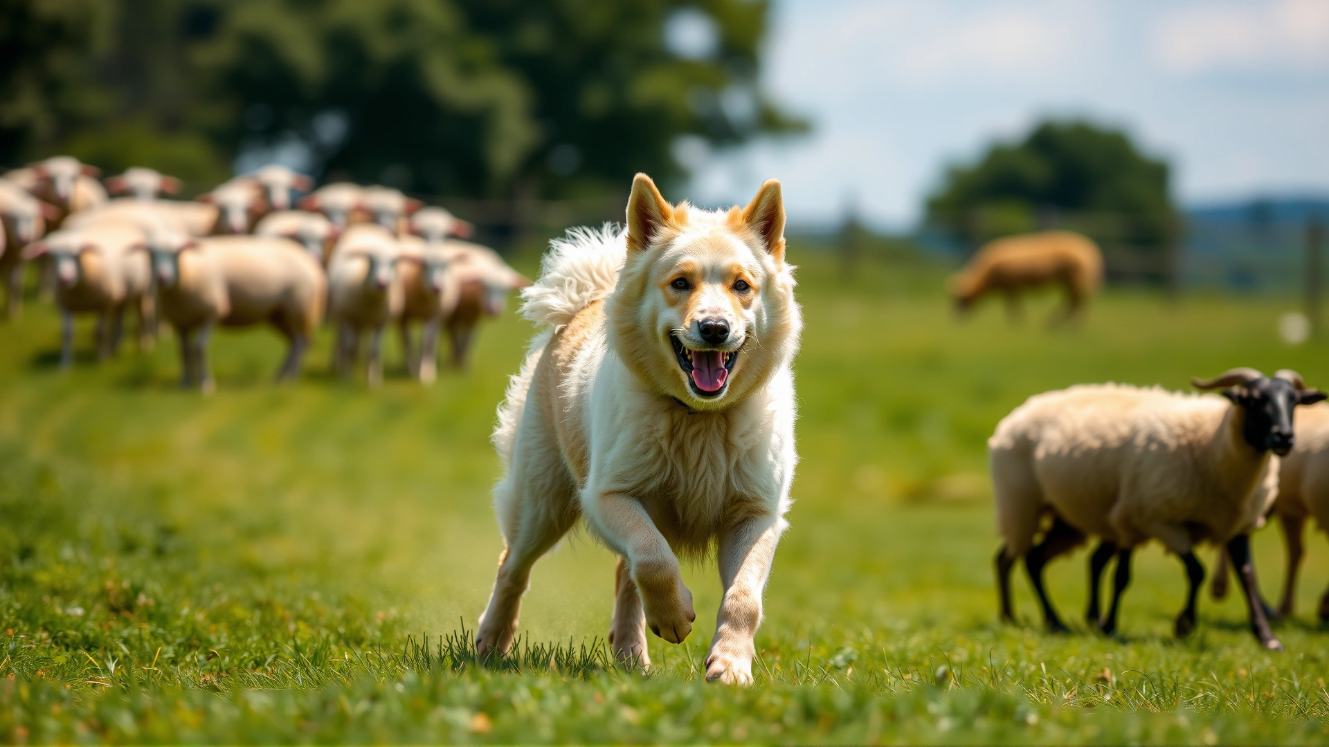 Hungarian Pumi dog herding a small flock of sheep across a sunny countryside field, action shot with slight motion blur to convey movement, vibrant natural colors.