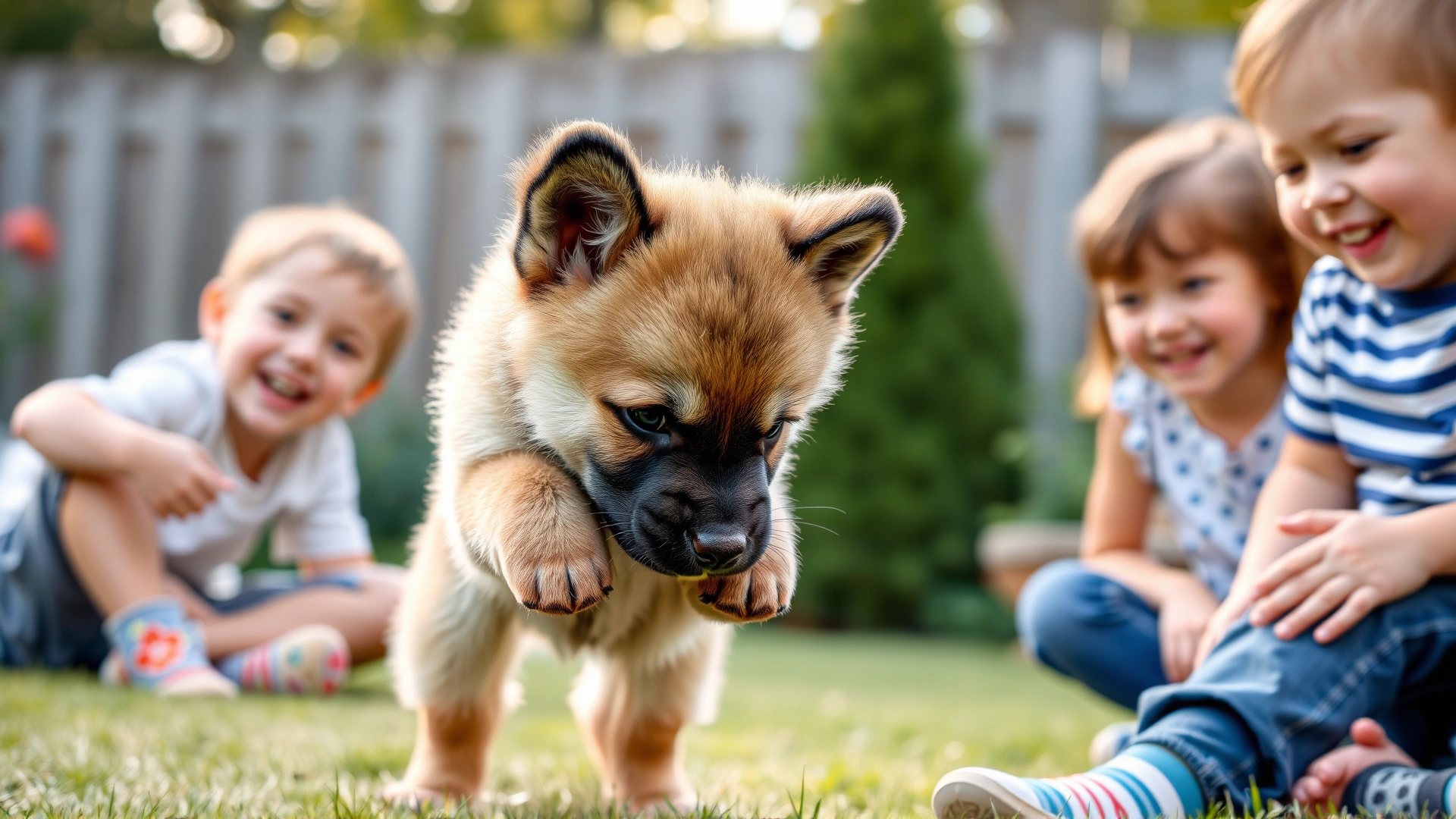 Playful Pumi puppy interacting with two smiling children in a backyard, puppy play-bows while kids laugh, soft natural lighting.